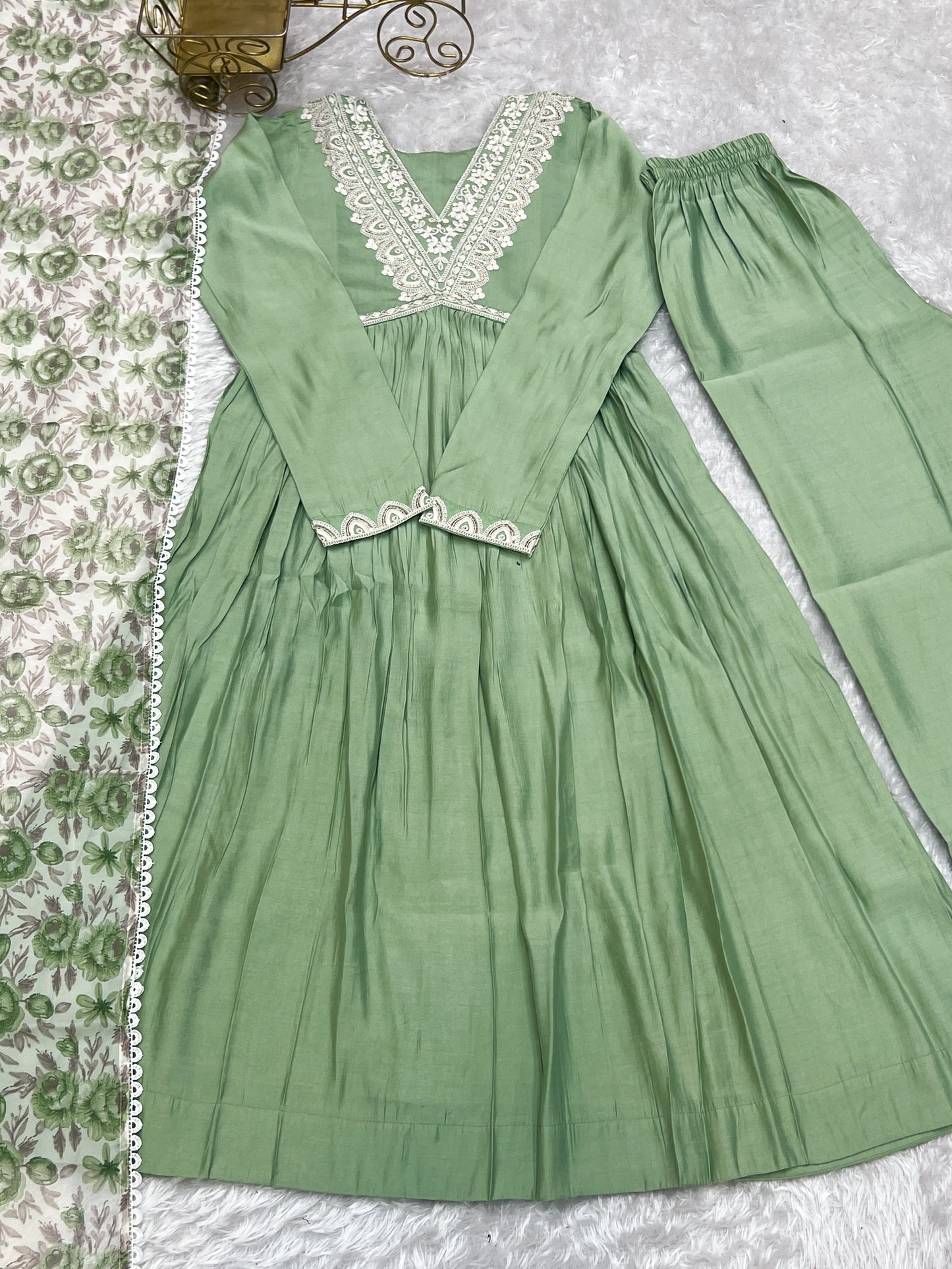 Pista New Pure Soft Heavy Romansilk Chanderi Fabric Nyra Cut Kurta With Duppta Set