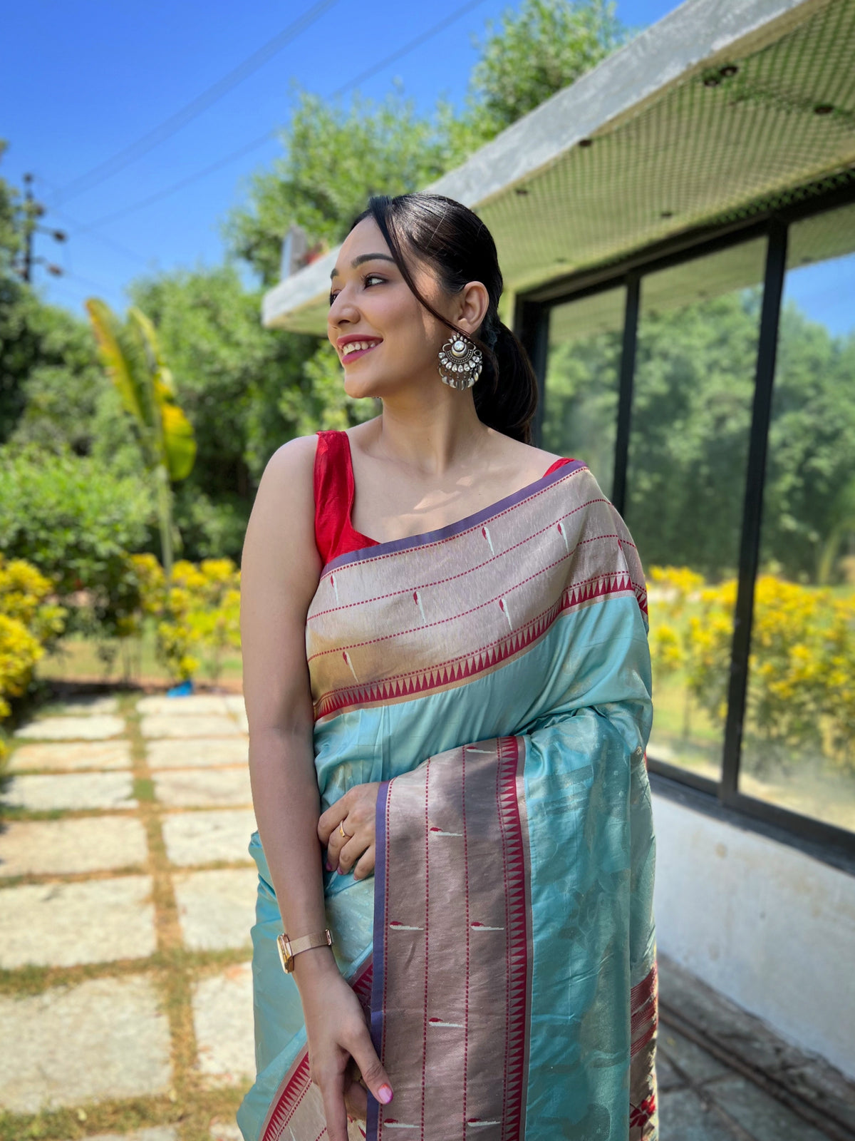 Sky Blue & Grey Ethnic Motifs Woven Design Silk Saree With Woven Border