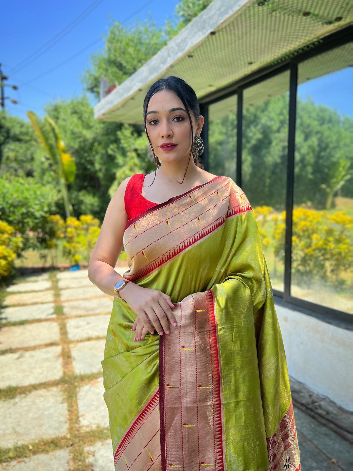 Lime Green & Maroon Ethnic Motifs Woven Design Silk Saree With Woven Border