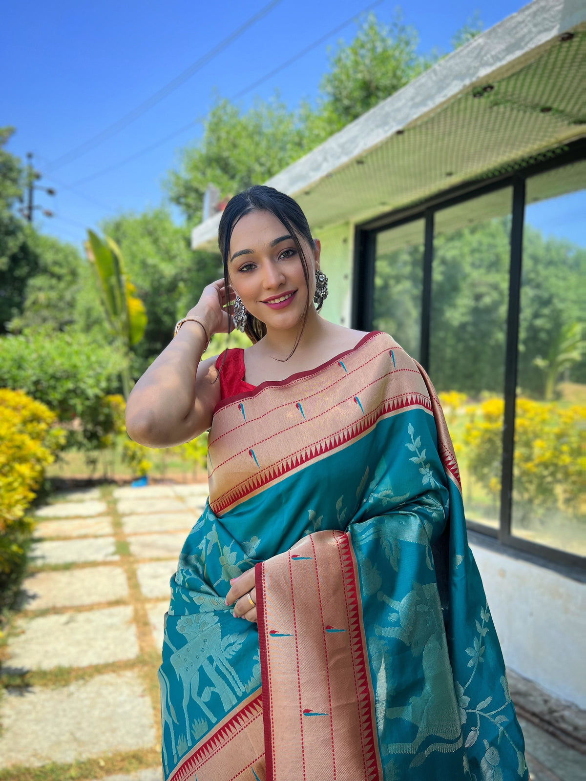 Teal Blue & Copper-Red Ethnic Motifs Woven Design Silk Saree With Woven Border