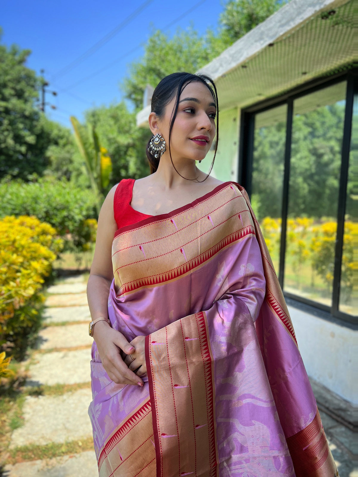 Lavender Pink & Copper-Red Ethnic Motifs Woven Design Silk Saree With Woven Border