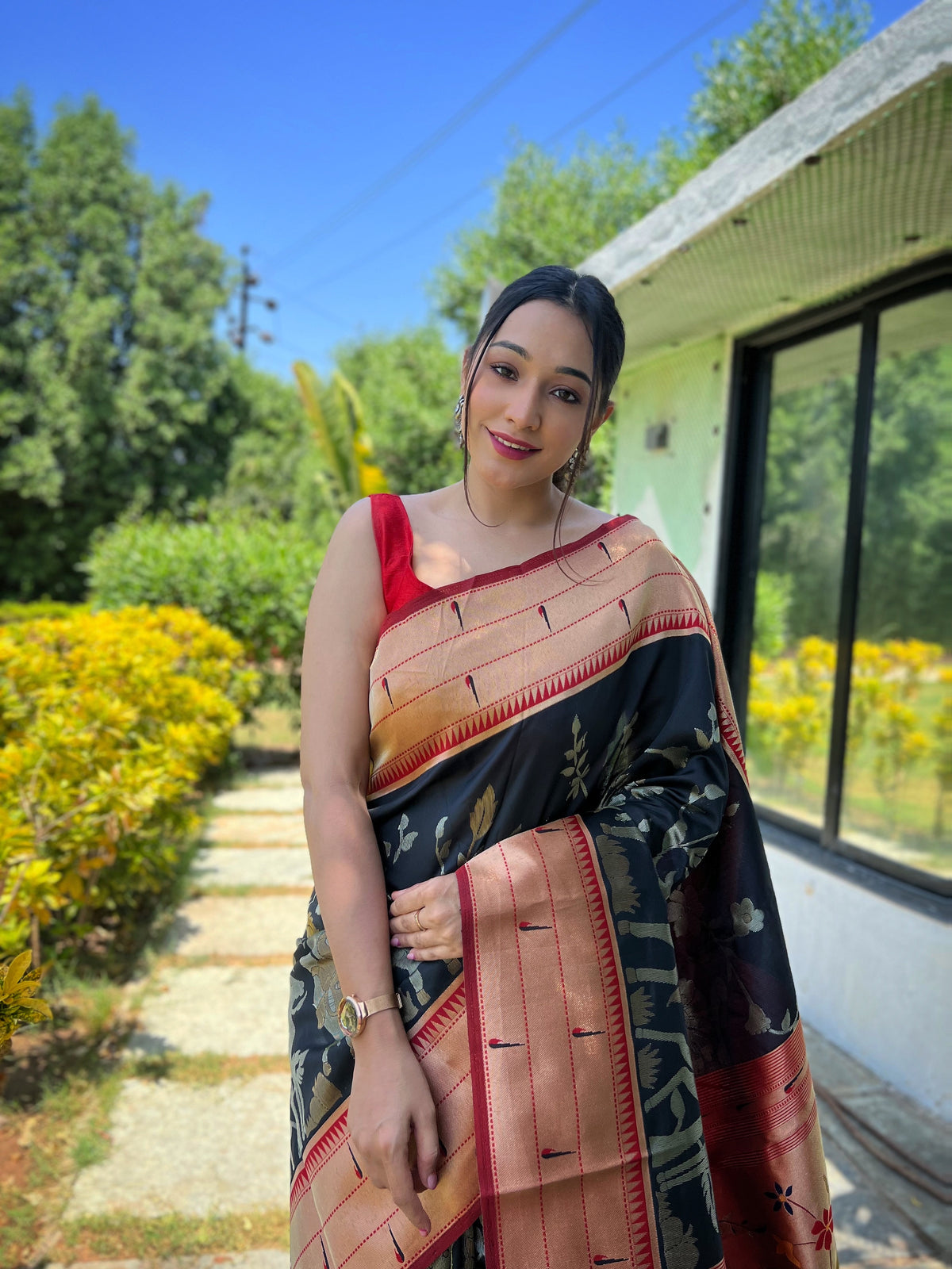 Black & Copper-Red Ethnic Motifs Woven Design Silk Saree With Woven Border
