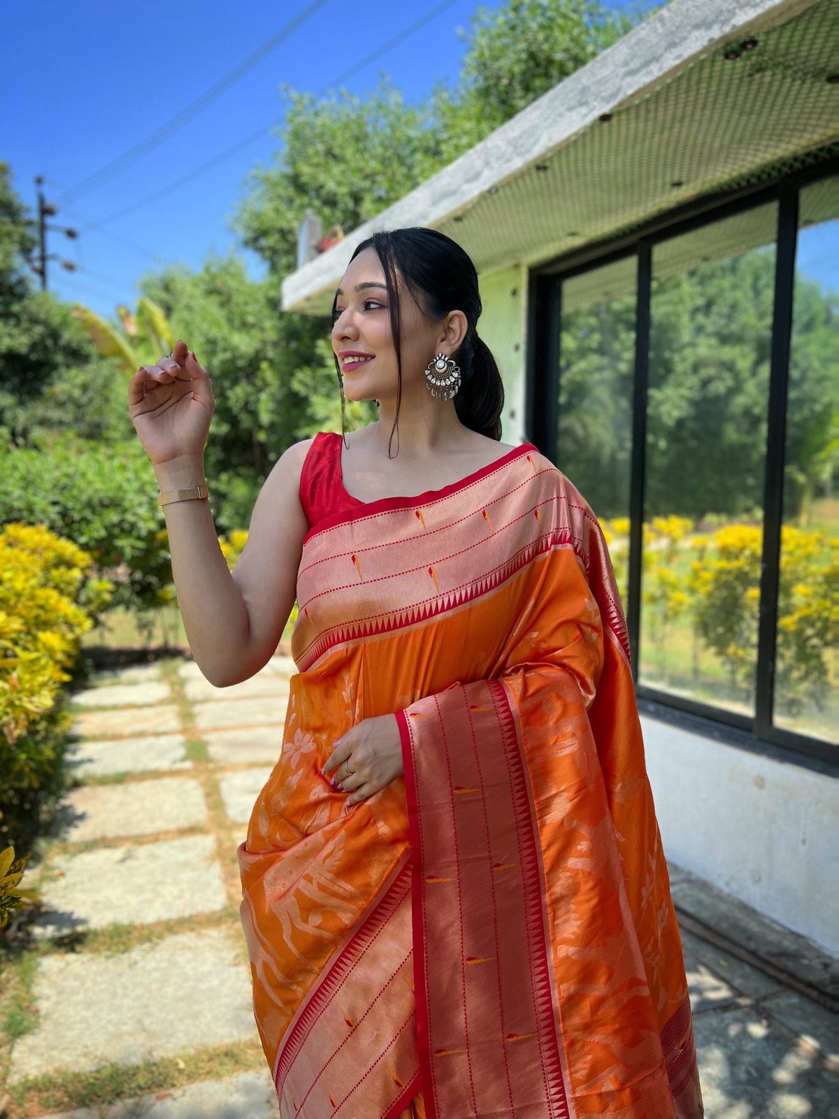 Mustard Orange & Copper-Red Ethnic Motifs Woven Design Silk Saree With Woven Border