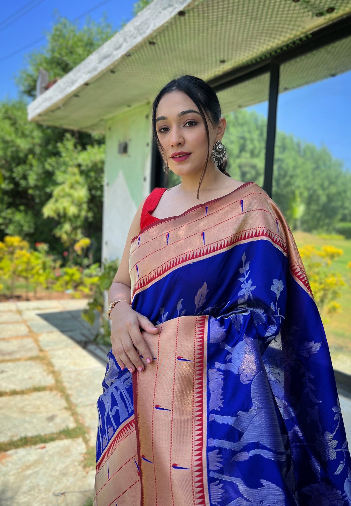 Royal Blue & Copper-Red Ethnic Motifs Woven Design Silk Saree With Woven Border