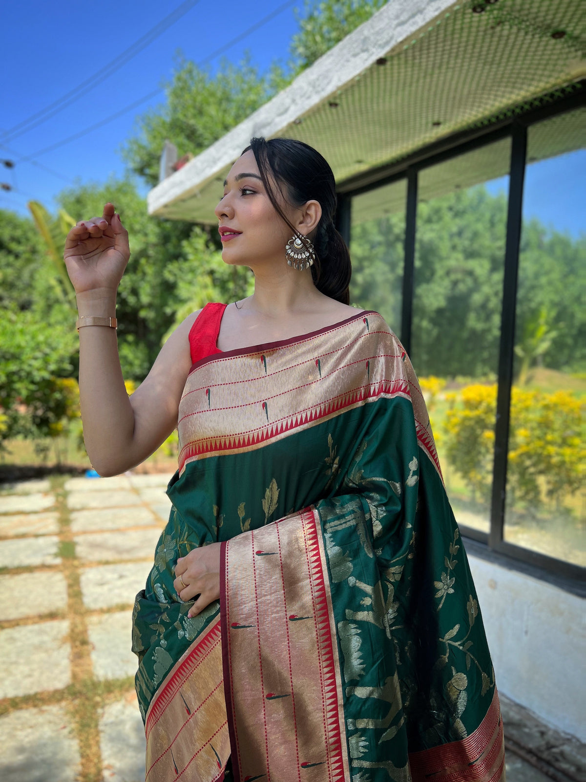 Dark Green & Copper-Red Ethnic Motifs Woven Design Silk Saree With Woven Border