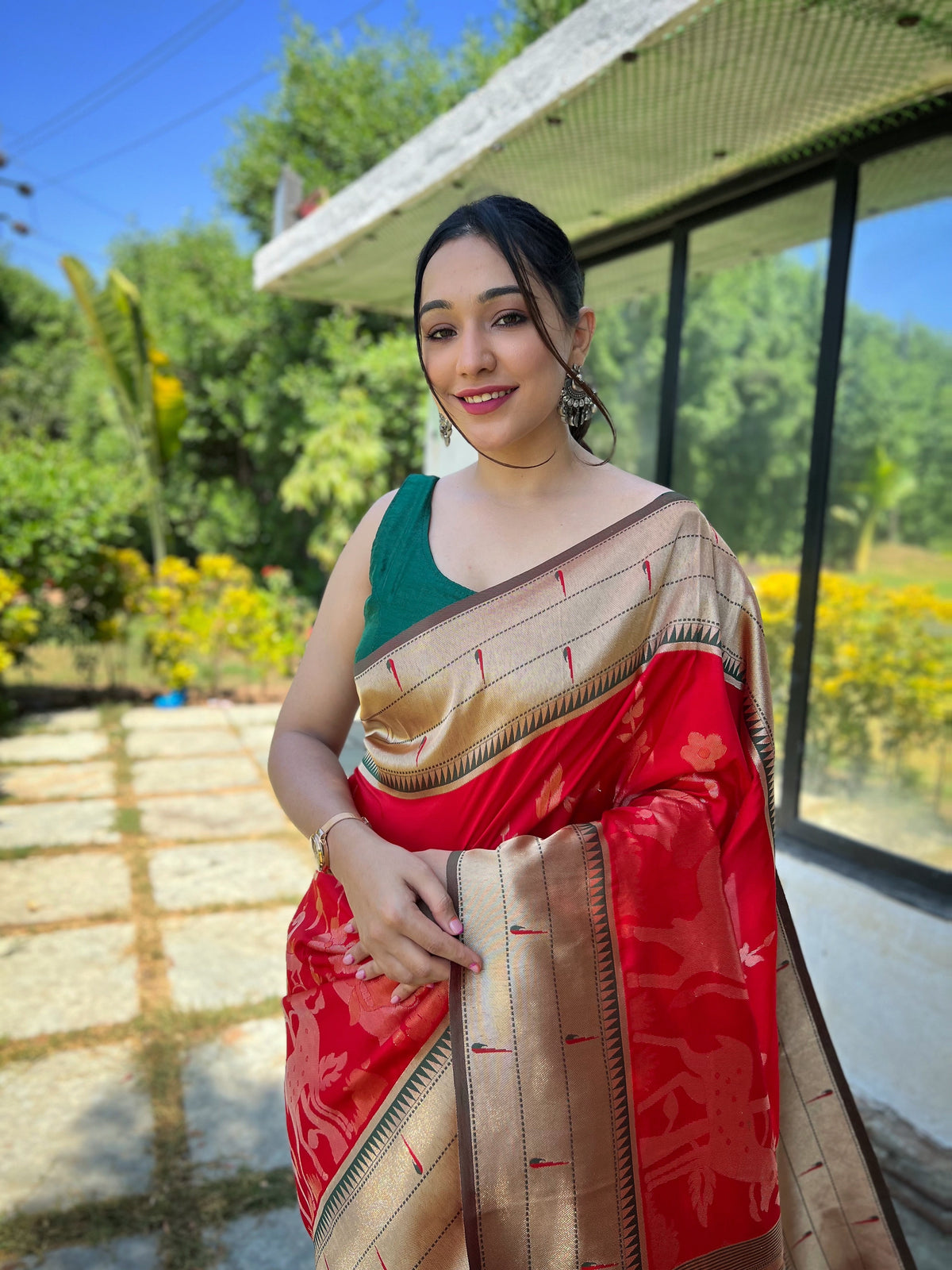 Red & Beige-Gold Ethnic Motifs Woven Design Silk Saree With Woven Border