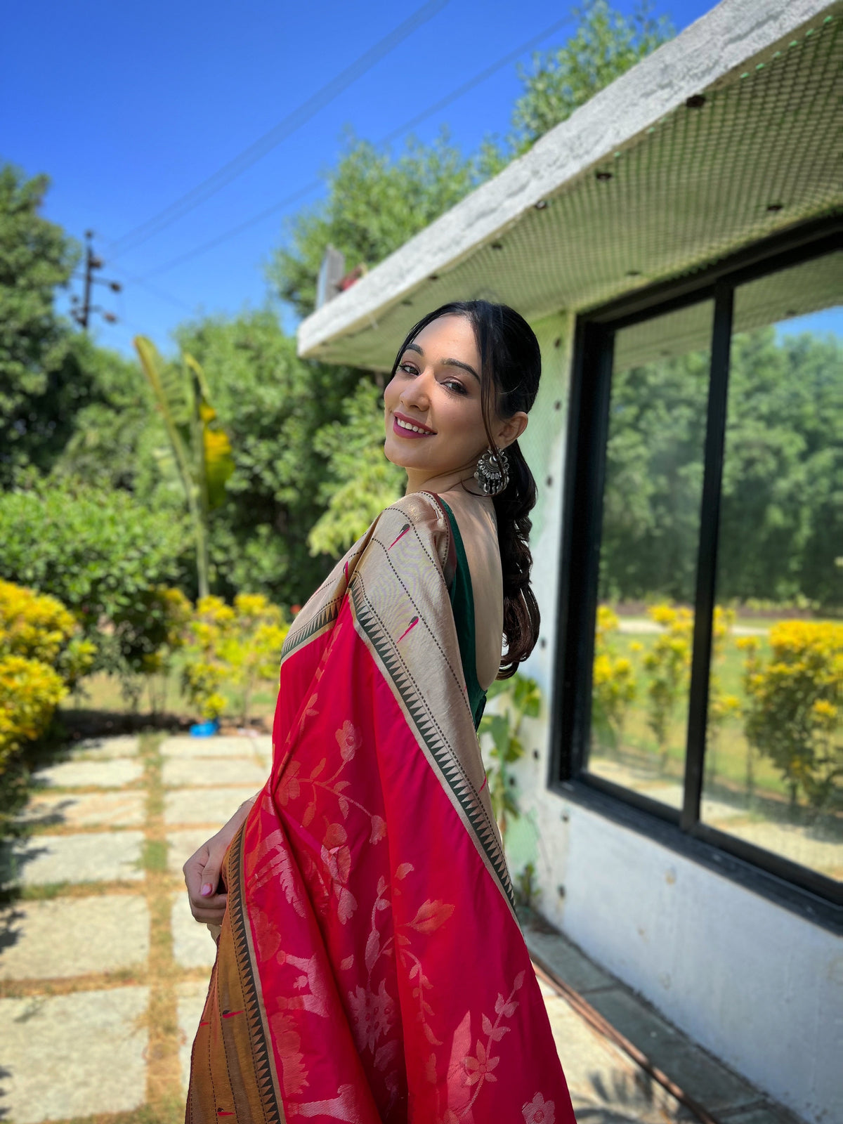 Rani Pink & Beige-Gold Ethnic Motifs Woven Design Silk Saree With Woven Border
