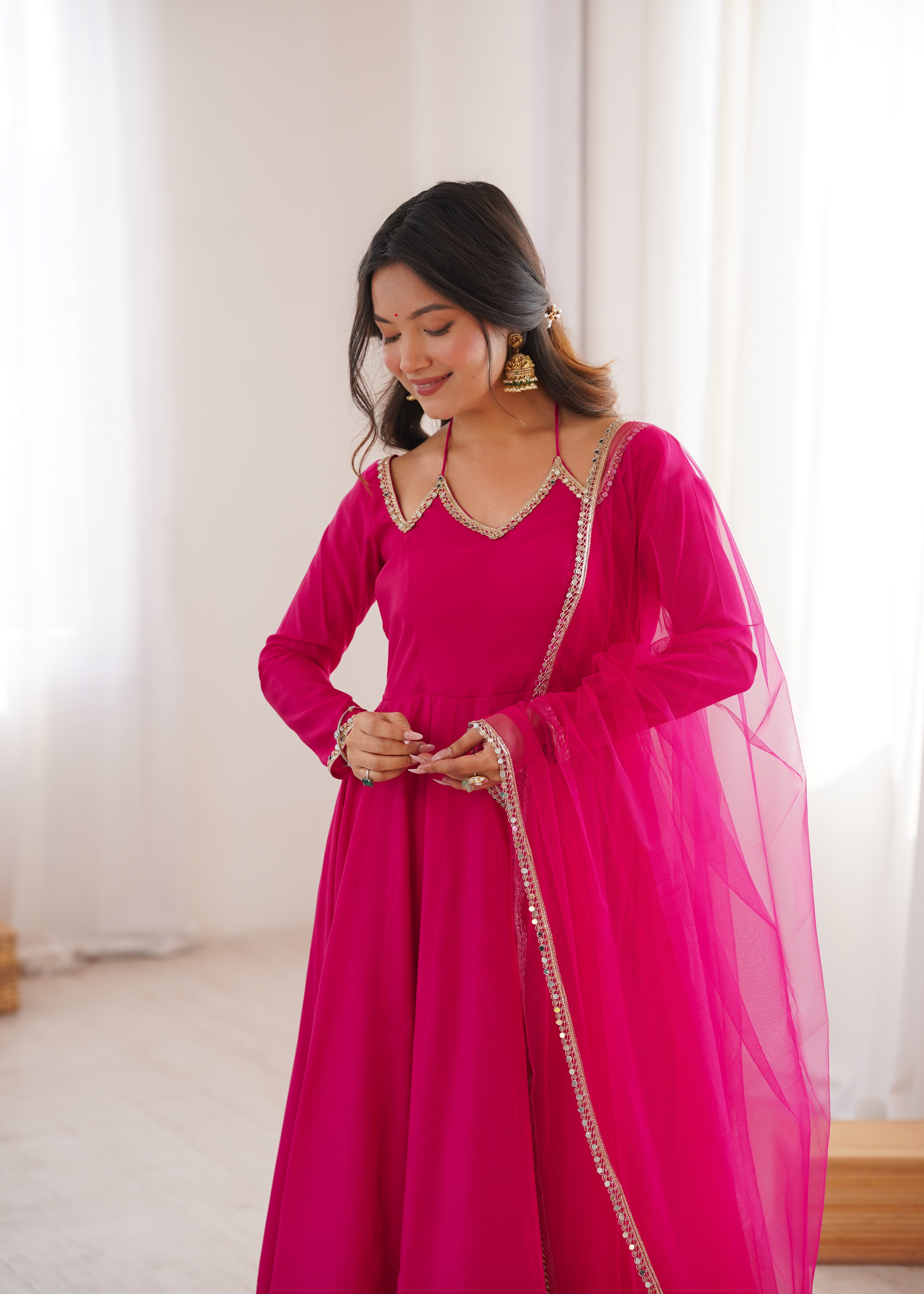 Pink Pure Chanderi Fabric Fully Flare Anarkali Ready To Wear Salwar Suit