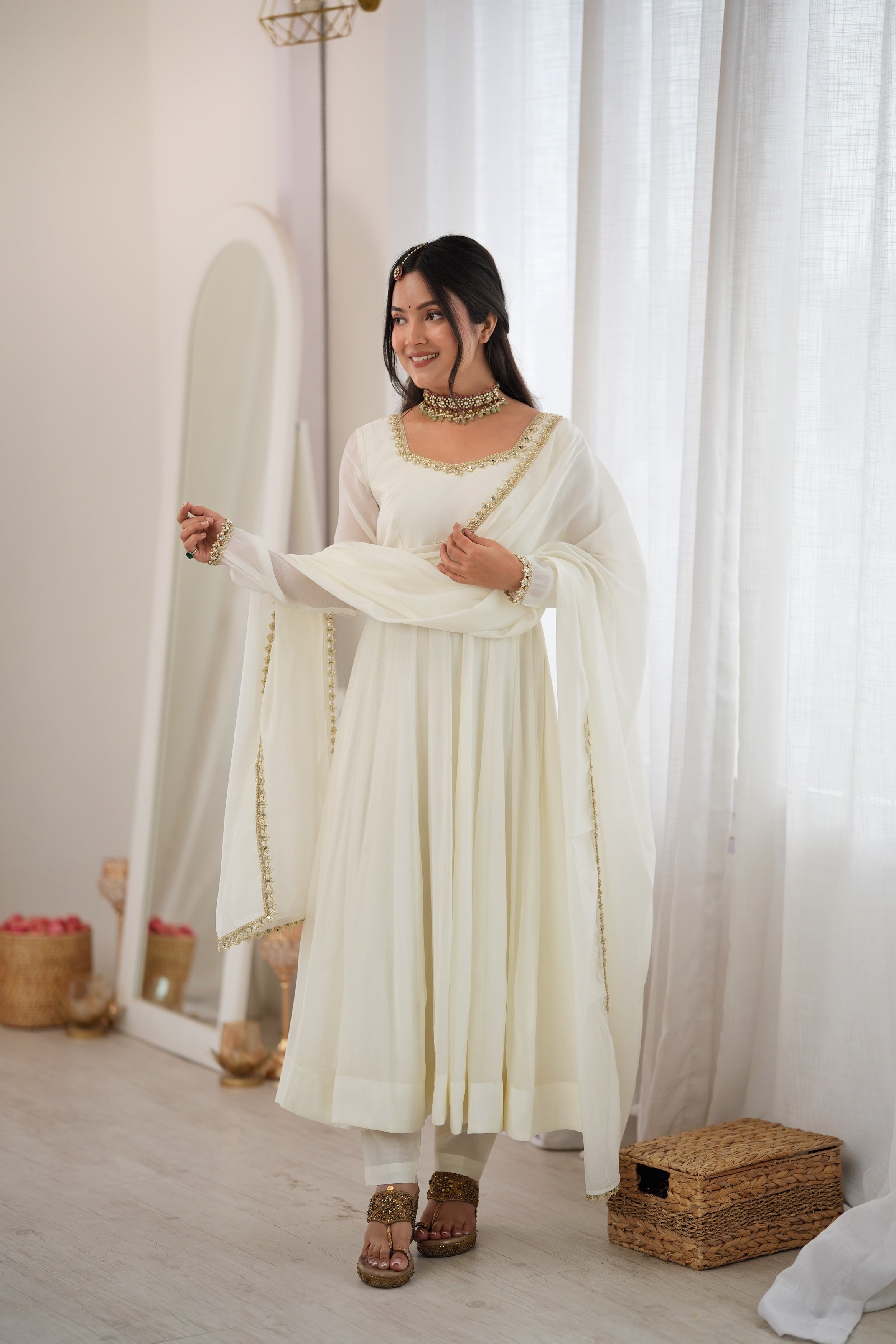 Pristine Off-White Heavy Pure Mal Chanderi Flared Anarkali Gown Suit Set with Handcrafted Mirror & Pearl Embroidered Neckline, Matching Pants & Pure Mal Chanderi Dupatta with Gota Lace