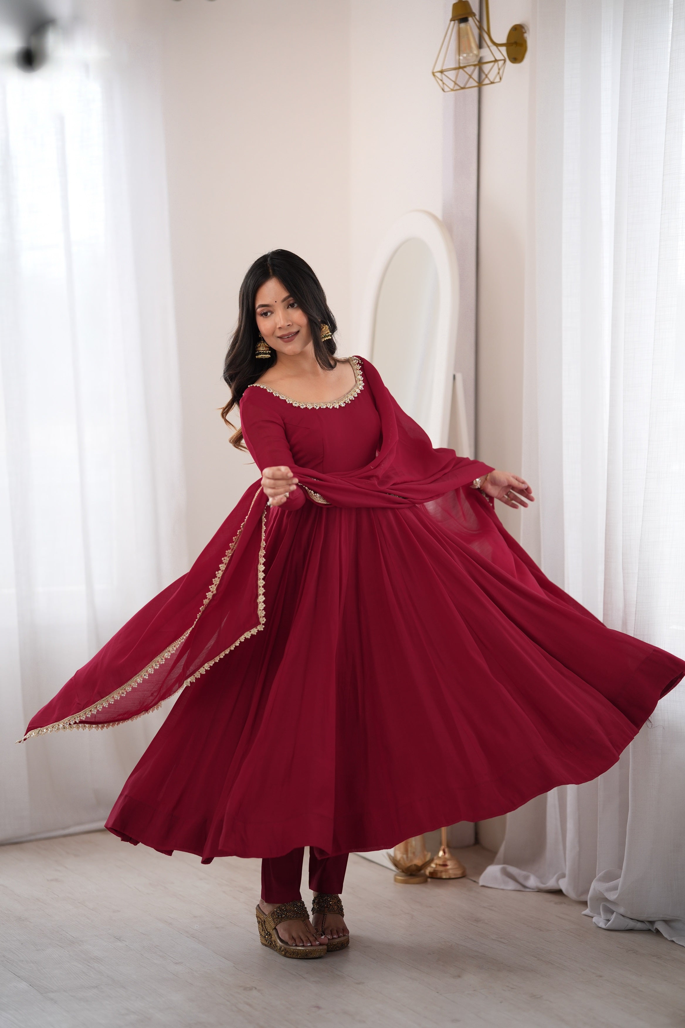 Crimson Maroon Heavy Pure Mal Chanderi Flared Anarkali Gown Suit Set with Handcrafted Mirror & Pearl Embroidered Neckline, Matching Pants & Pure Mal Chanderi Dupatta with Gota Lace