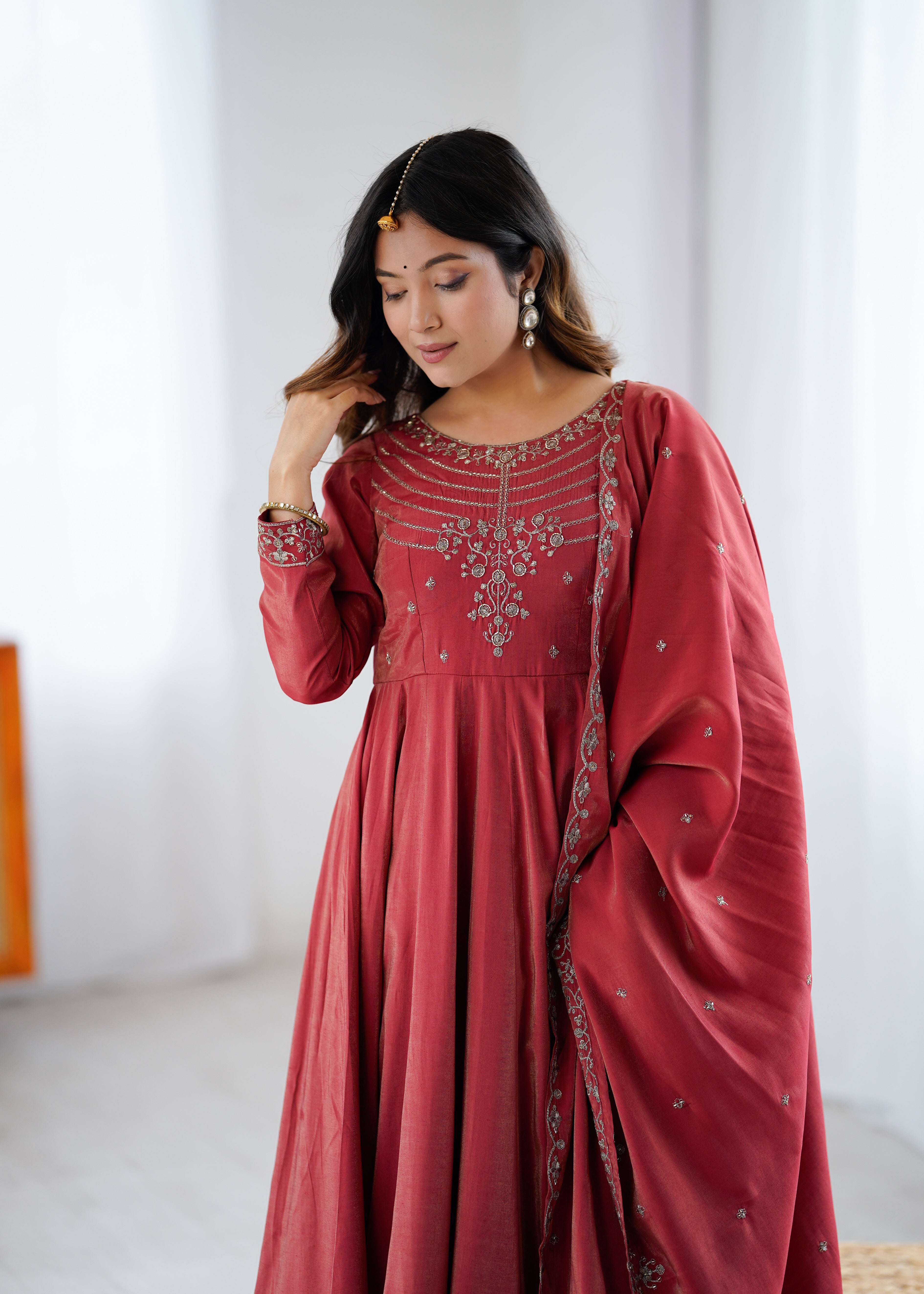 Maroon Pure Chanderi Silk Fully Flair Anarkali Salwar Suit – Designer Festive Anarkali Dress