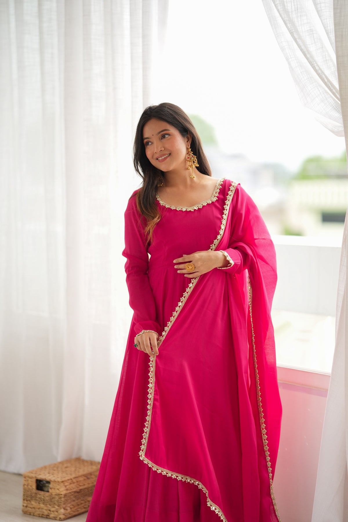 Rani Pink Heavy Pure Mul Chanderi Fully Flared Anarkali Gown Set with Dupatta