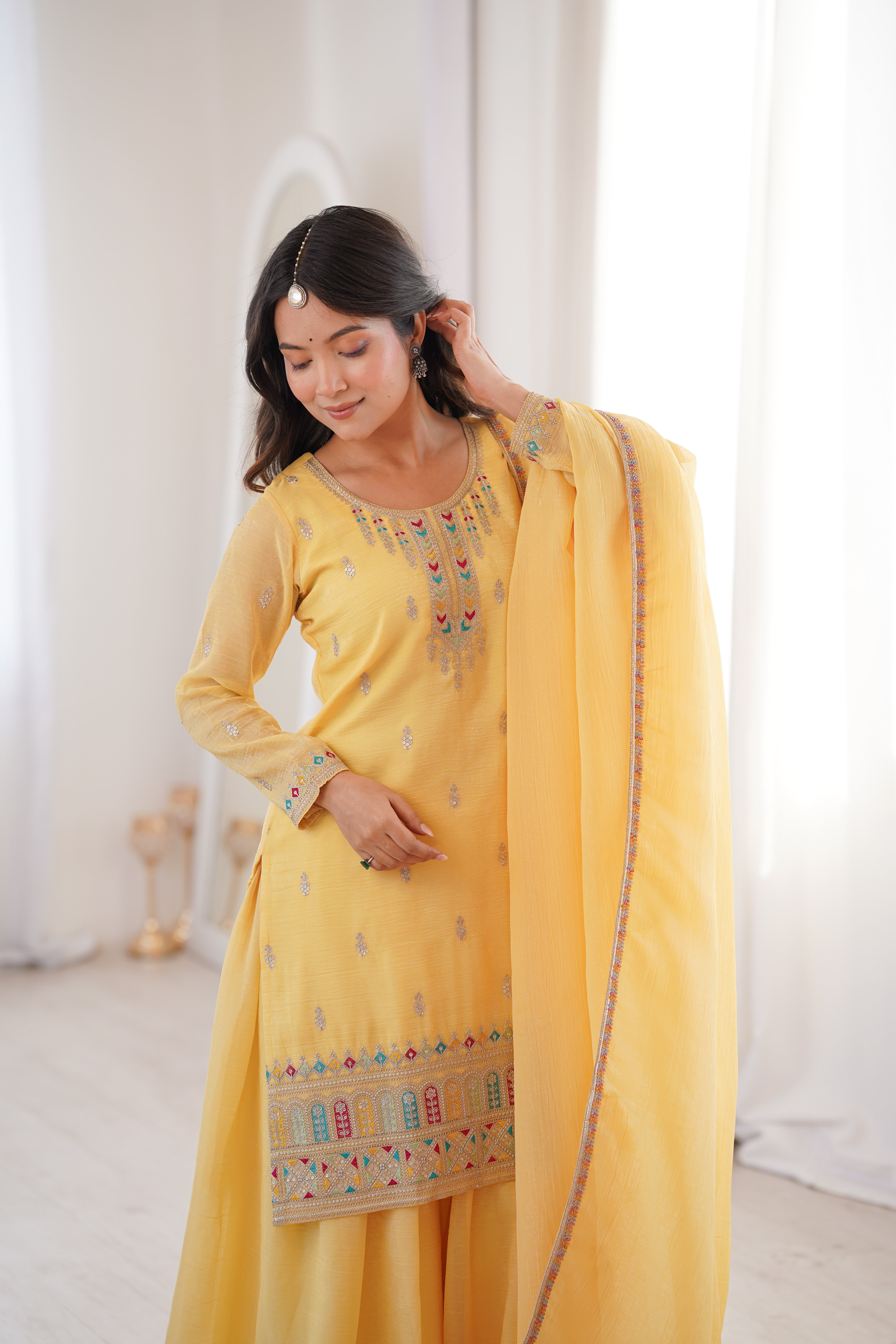 Yellow Pure Soft Silk Fancy Embroidery Sequence & Jari Work Sharara – Designer Festive Sharara Suit