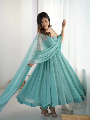 Sea green crunchy silk fully flared Anarkali suit with Swarovski work and dupatta