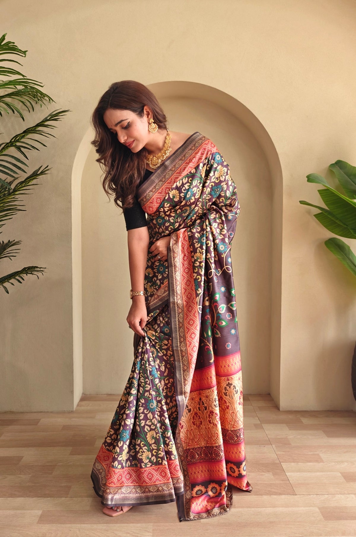Dark Purple & Rust Orange Kalamkari Printed Zari Silk Blend Designer Saree With Rich Woven Border & Unstitched Blouse Piece