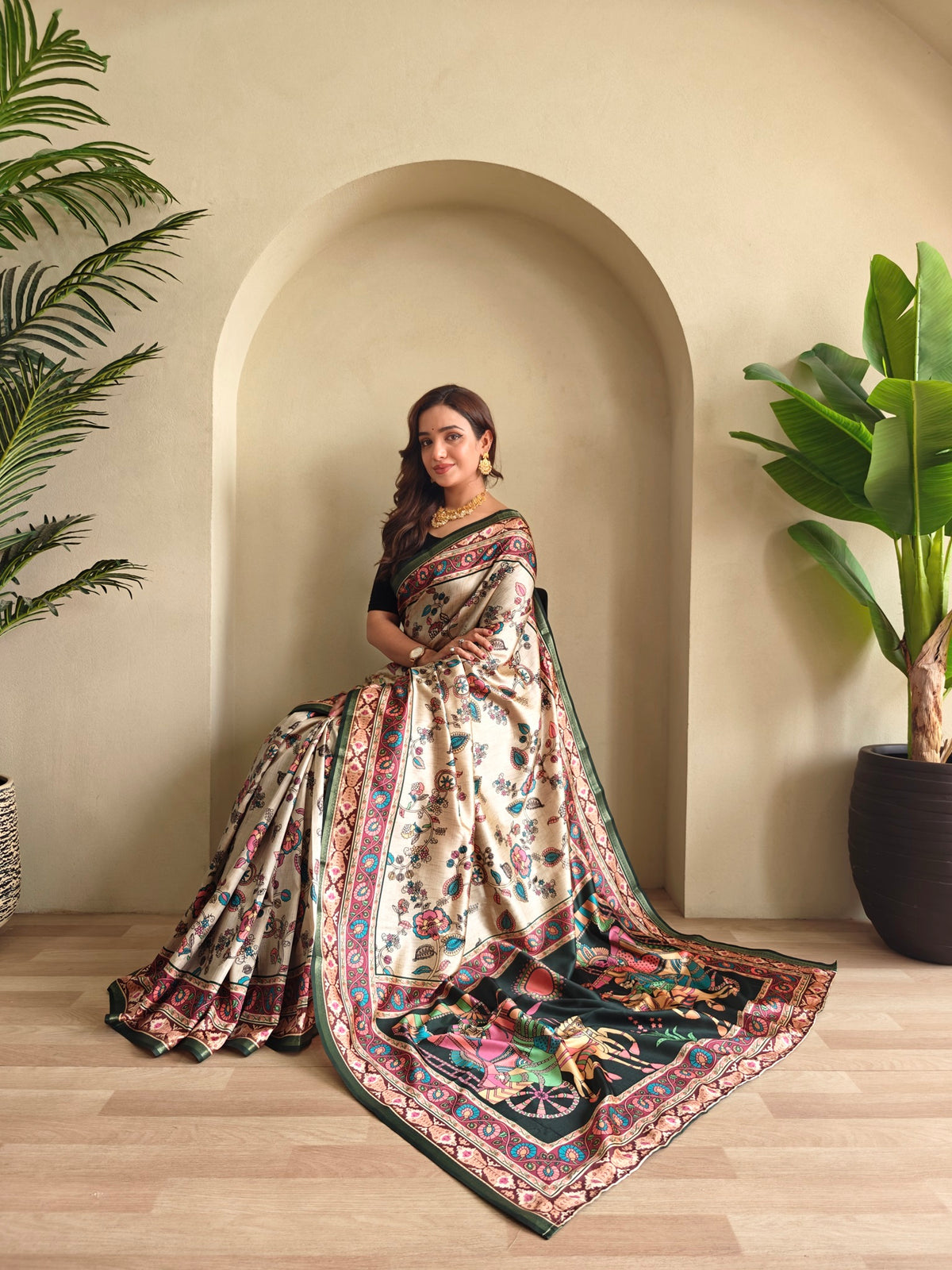 Beige & Dark Green Kalamkari Printed Zari Silk Blend Designer Saree With Processional Pallu Art & Unstitched Blouse Piece