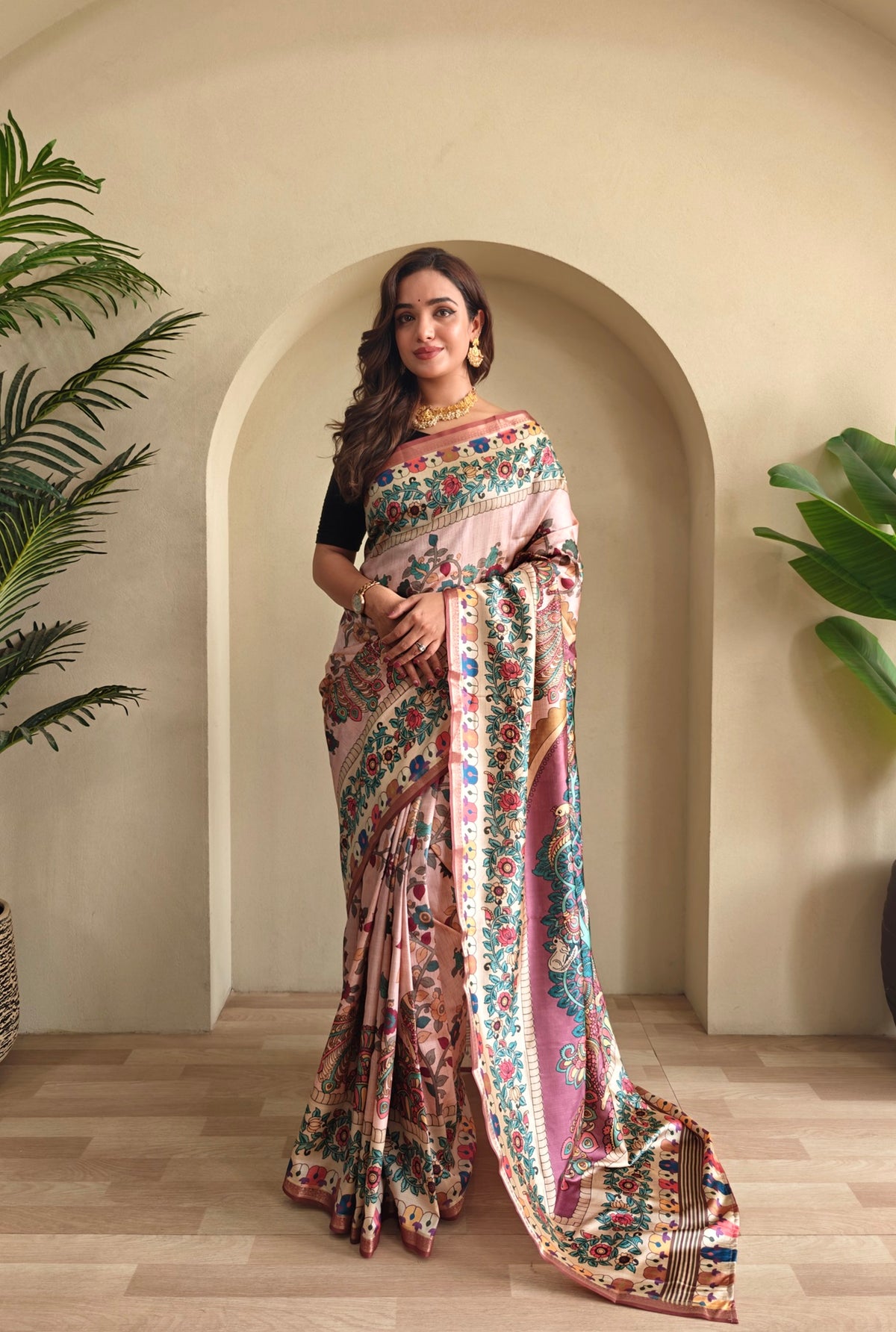 Blush Pink Kalamkari Printed Zari Silk Blend Designer Saree With Rich Woven Border & Unstitched Blouse Piece
