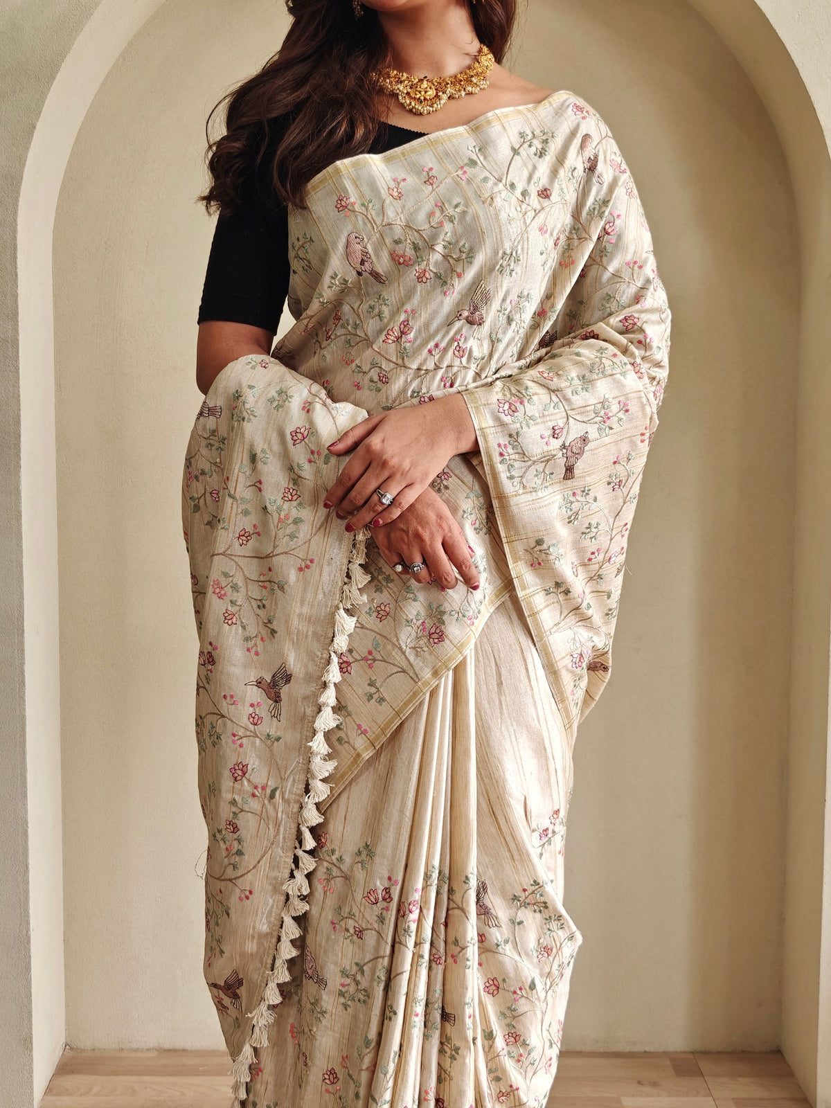 Cream Beige Handloom Pure Tussar Silk Saree With Delicate Floral Jaal Work & Tassels