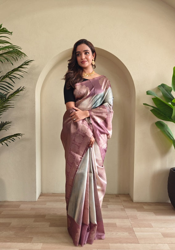 Mauve & Pastel Grey Woven Design Zari Silk Blend Designer Saree With Floral Pallu & Unstitched Blouse Piece