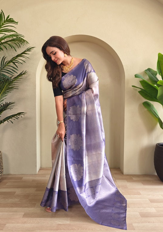 Lavender Blue & Pastel Silver Woven Design Zari Silk Blend Designer Saree With Floral Pallu & Unstitched Blouse Piece