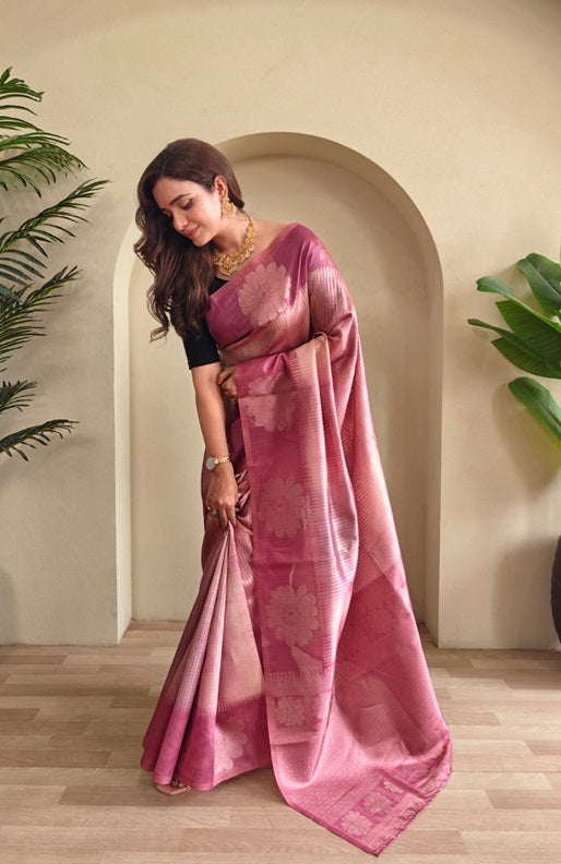 Blush Pink & Pastel Rose Woven Design Zari Silk Blend Designer Saree With Floral Pallu & Unstitched Blouse Piece