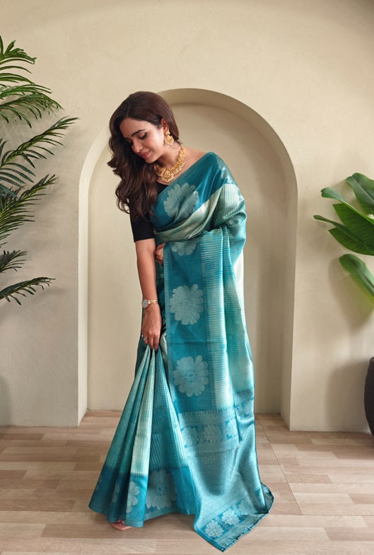 Teal Blue & Sea Green Woven Design Zari Silk Blend Designer Saree With Floral Pallu & Unstitched Blouse Piece
