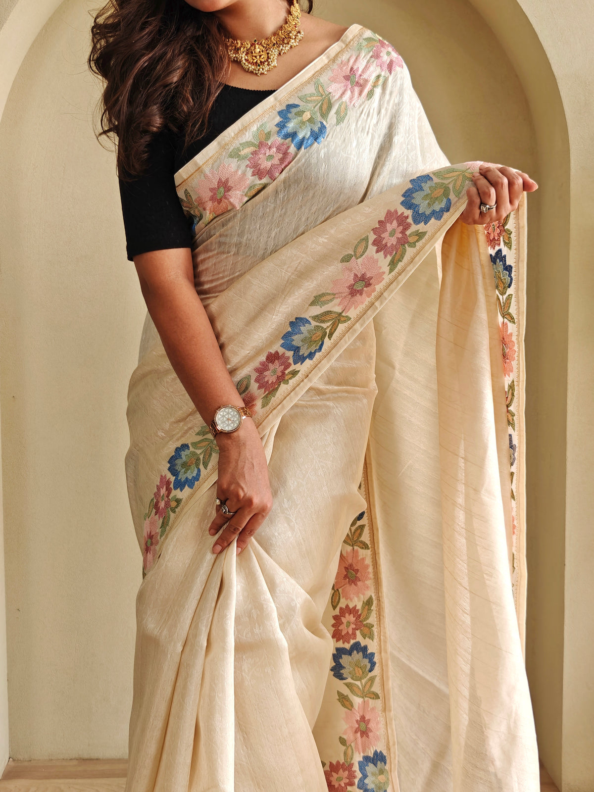 Cream Pure Tussar Silk Saree With Pastel Floral Embroidery Borders
