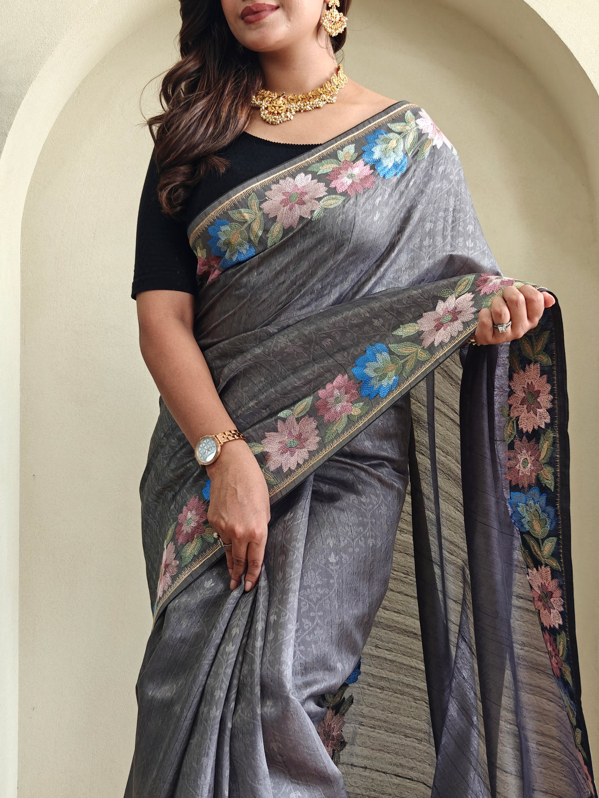Charcoal Grey Pure Tussar Silk Saree With Floral Embroidery Borders