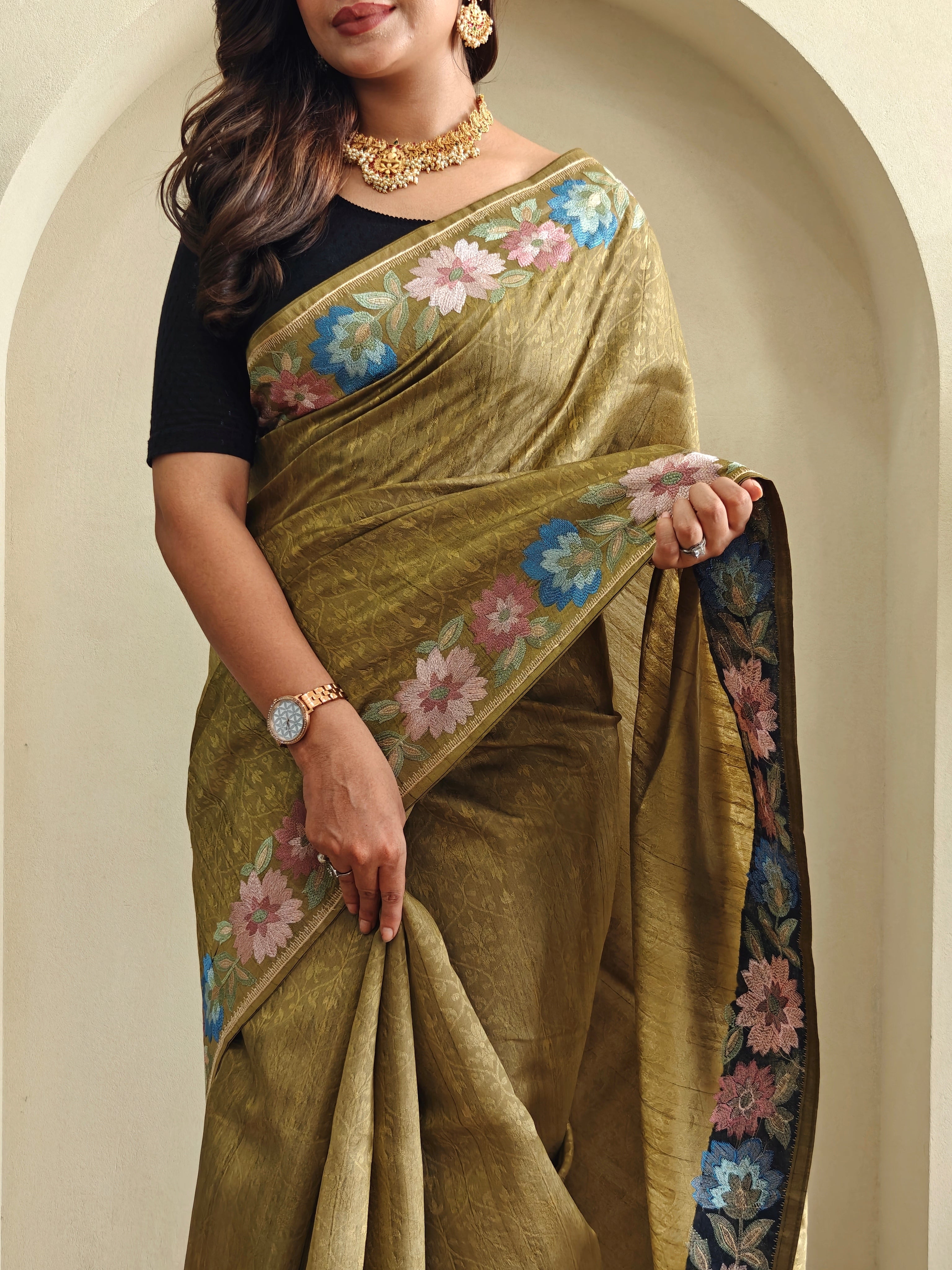 Olive Green Pure Tussar Silk Saree With Floral Embroidery Borders