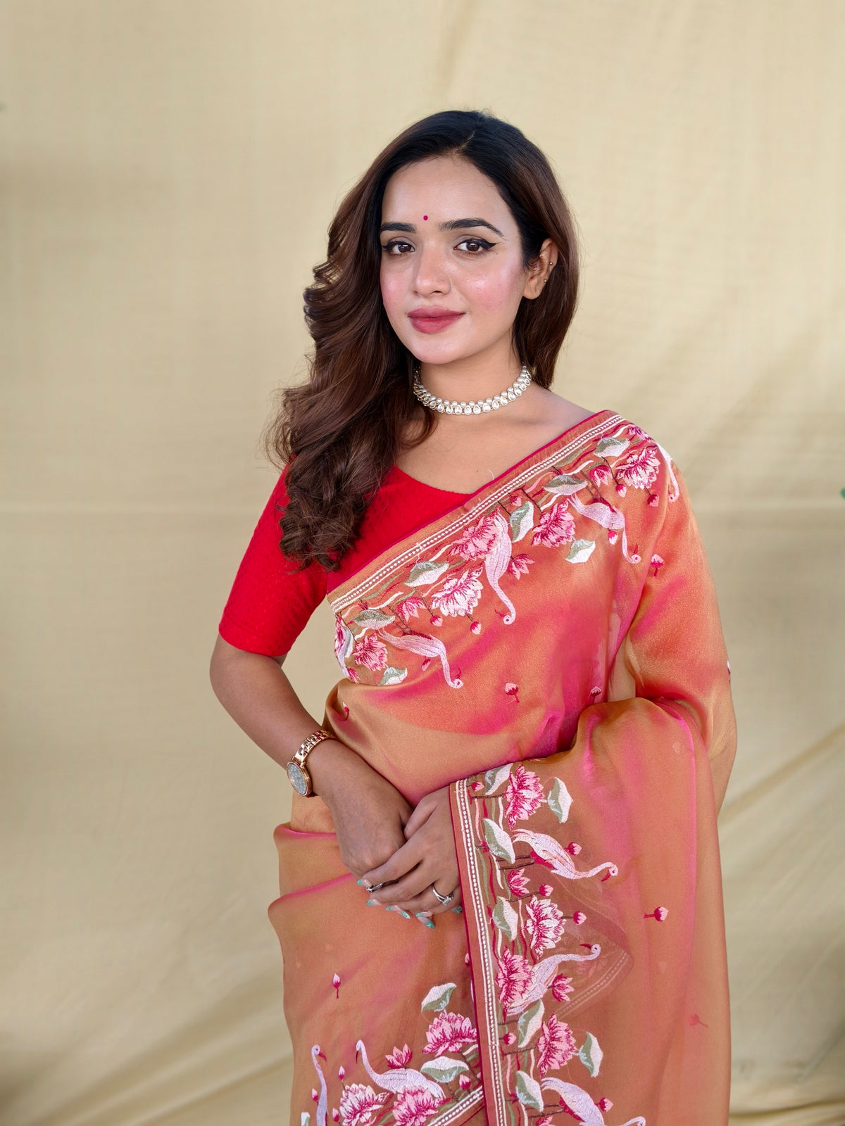 Peach Dual-Tone Royal Gabanna Silk Saree With Embroidered Flamingo & Floral Border