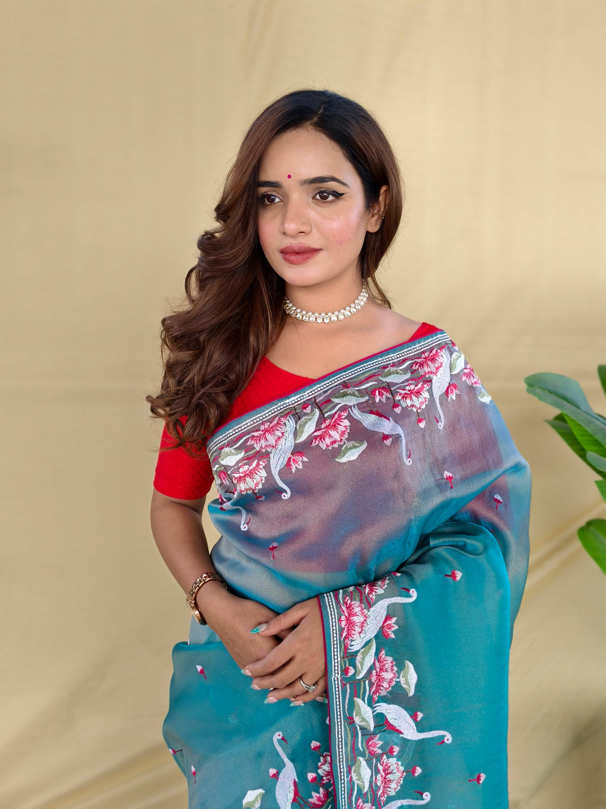 Teal Blue Dual-Tone Royal Gabanna Silk Saree With Embroidered Flamingo & Floral Border