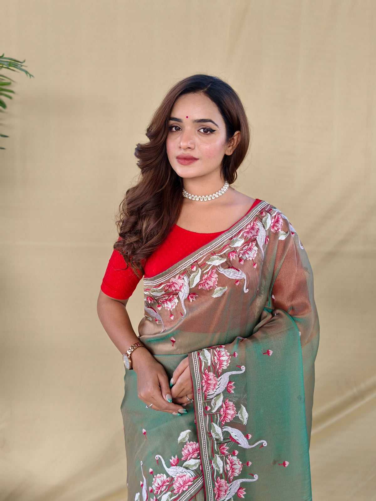 Olive Sage Green Dual-Tone Royal Gabanna Silk Saree With Embroidered Flamingo & Floral Border