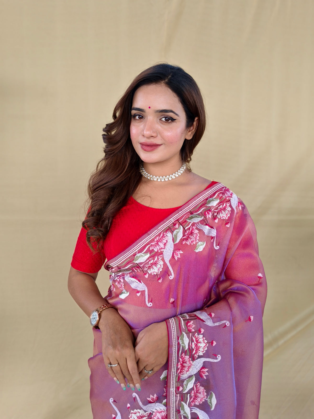 Lavender Purple Dual-Tone Royal Gabanna Silk Saree With Embroidered Flamingo & Floral Border