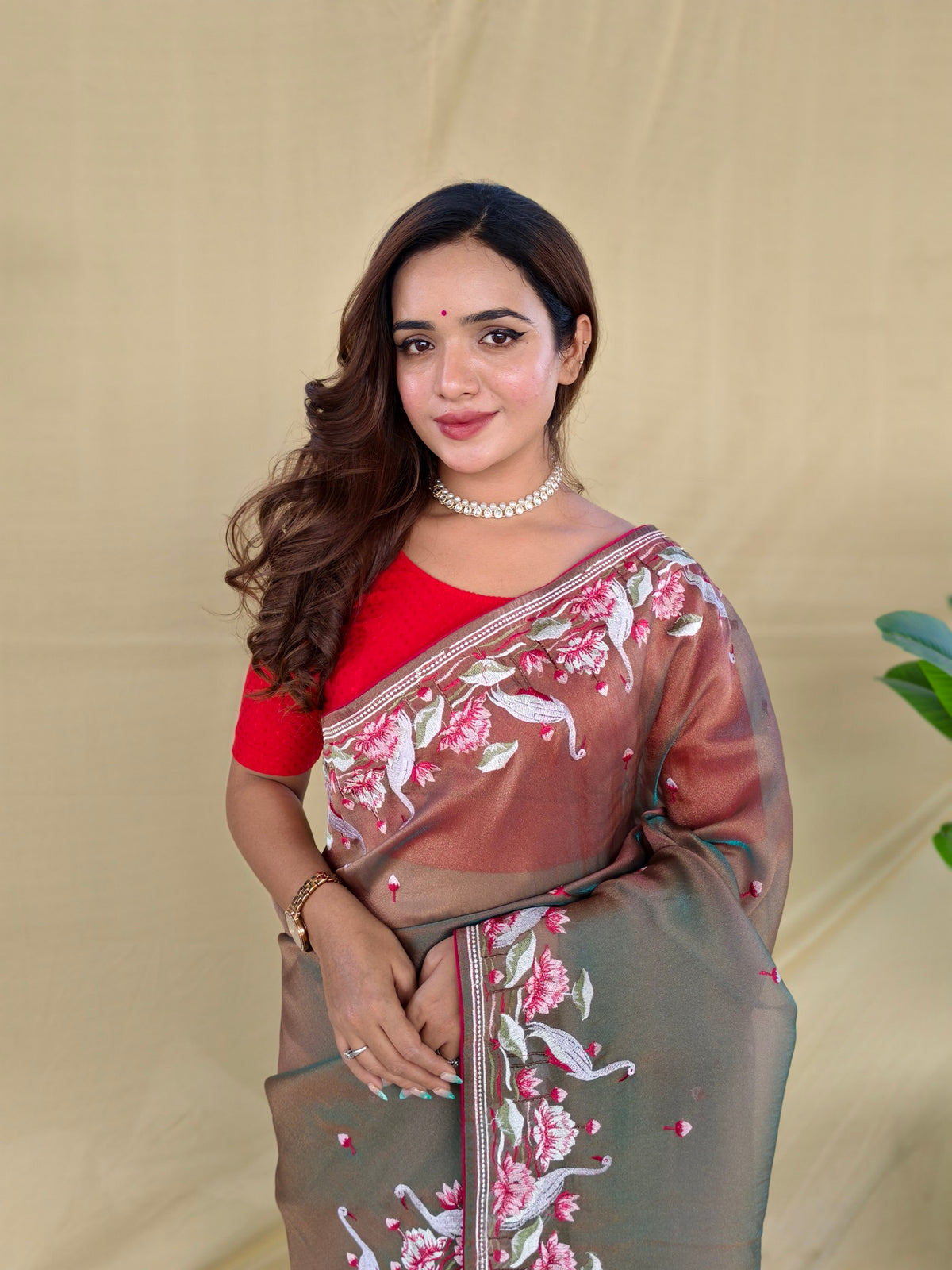 Bronze Brown Dual-Tone Royal Gabanna Silk Saree With Embroidered Flamingo & Floral Border