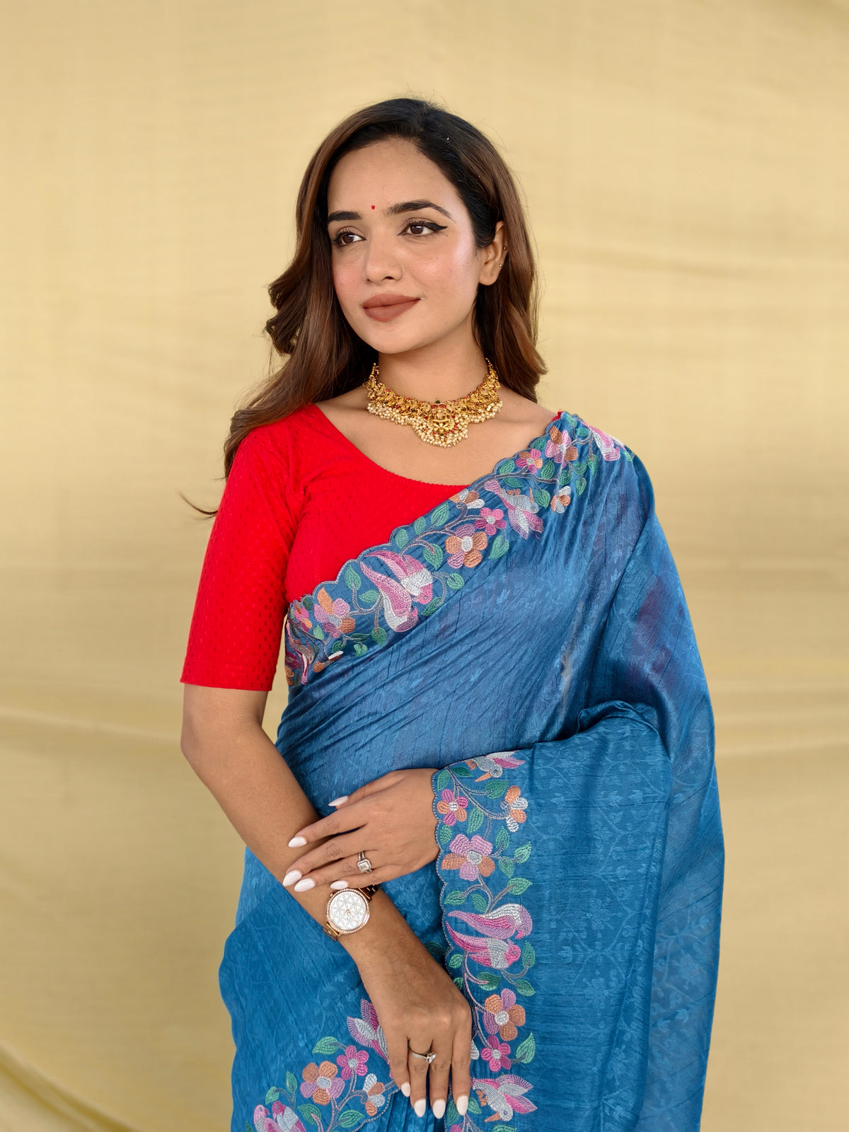 Steel Blue Embroidered Tussar Silk Saree With Scalloped Floral Border & Unstitched Blouse Piece