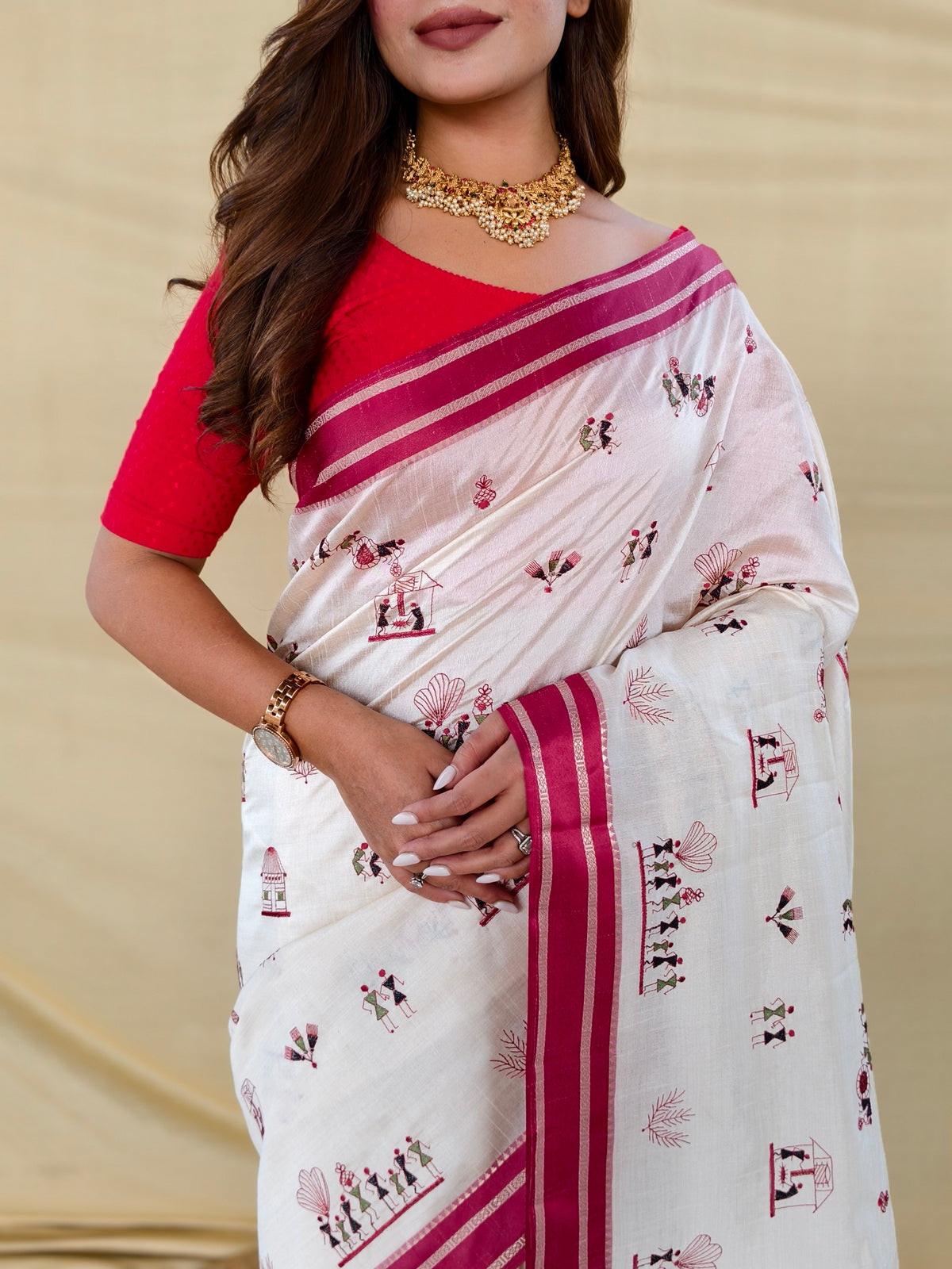 Cream Off-White Tussar Silk Saree With Woven Multi-Thread Warli Art Motifs & Red Border