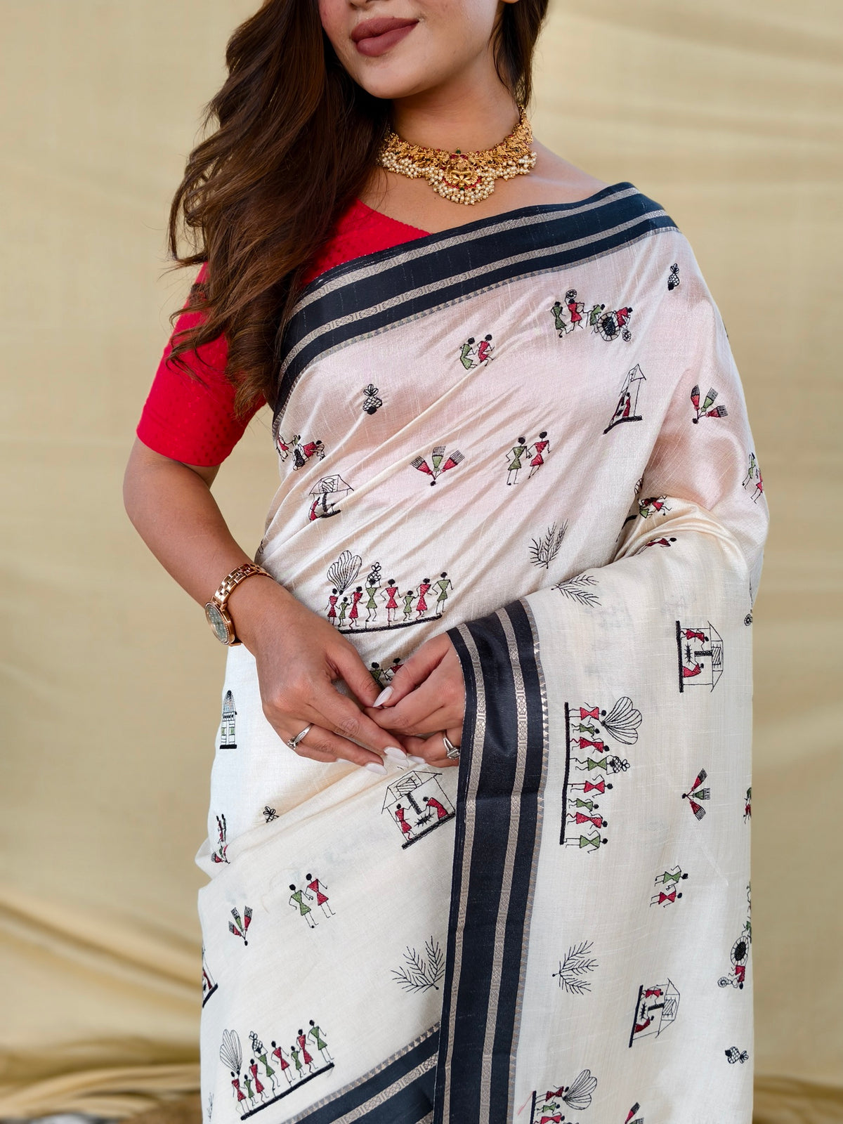 Off-White Tussar Silk Saree With Woven Multi-Thread Warli Art Motifs