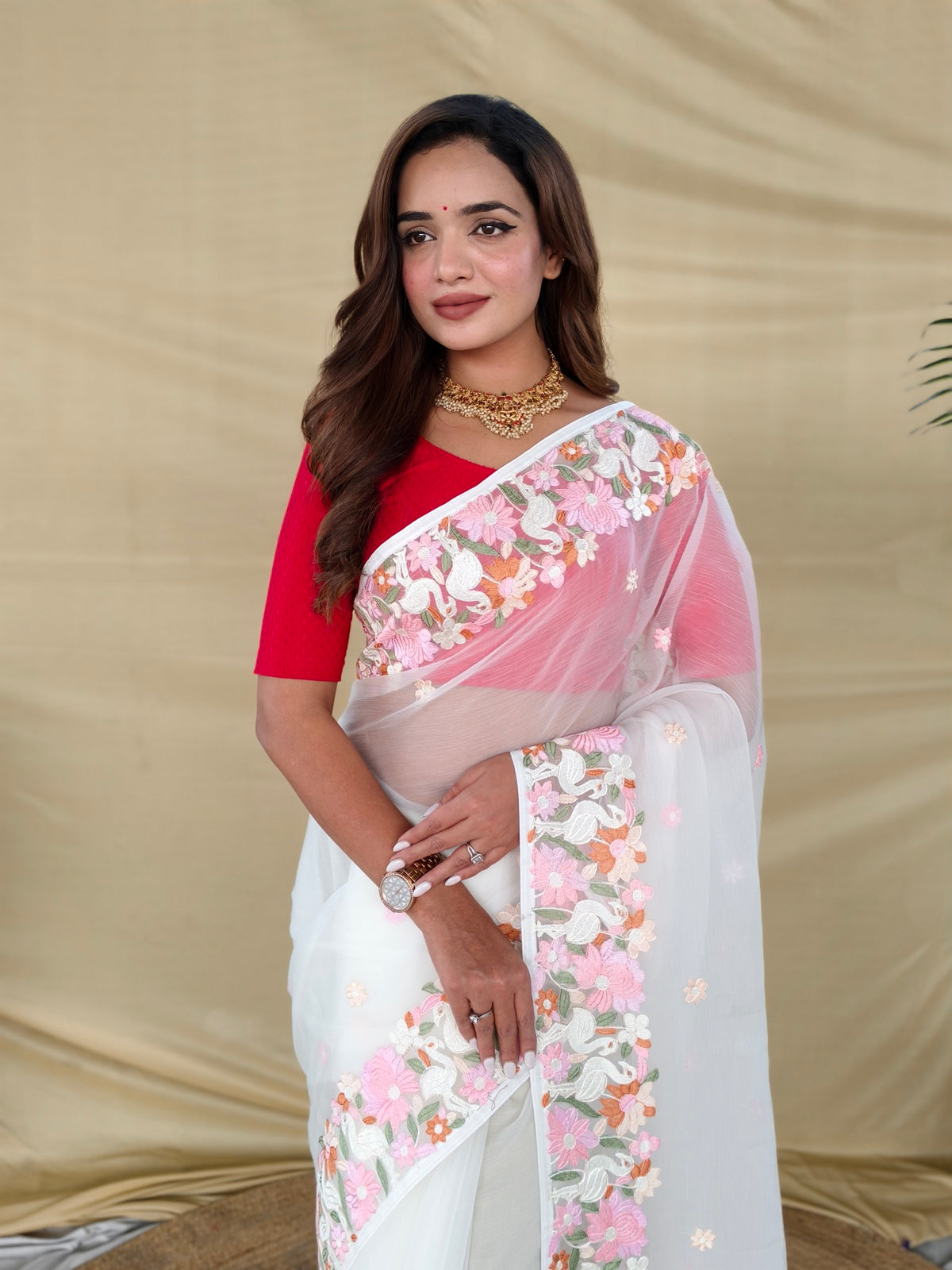 White Premium Chiffon Embroidered Saree With Floral & Flamingo Border Work