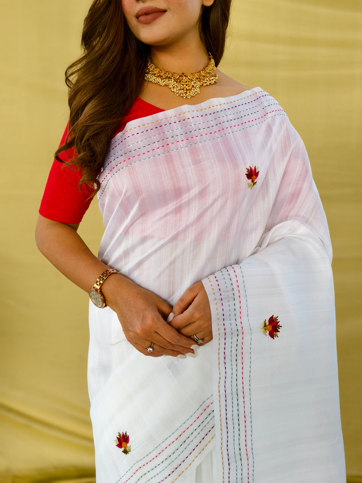 Pristine Pure White Tussar Silk Saree With Machine-Woven Floral Embroidery