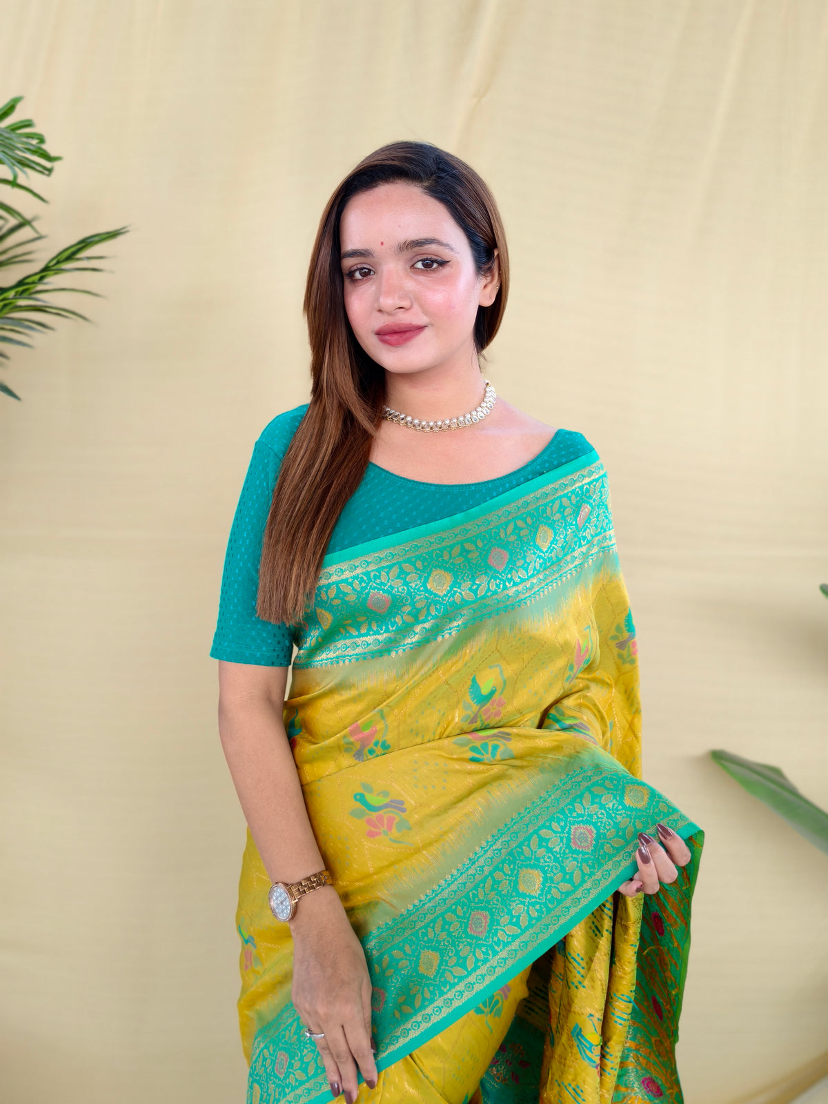 Mustard Yellow & Teal Green Silk Paithani Woven Design Saree With Woven Design Border