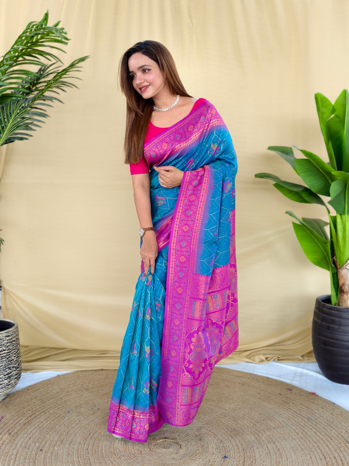 Sky Blue & Magenta Pink Silk Paithani Woven Design Saree With Woven Design Border