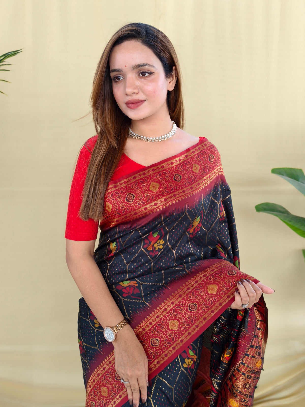 Black & Red Silk Paithani Woven Design Saree With Woven Design Border