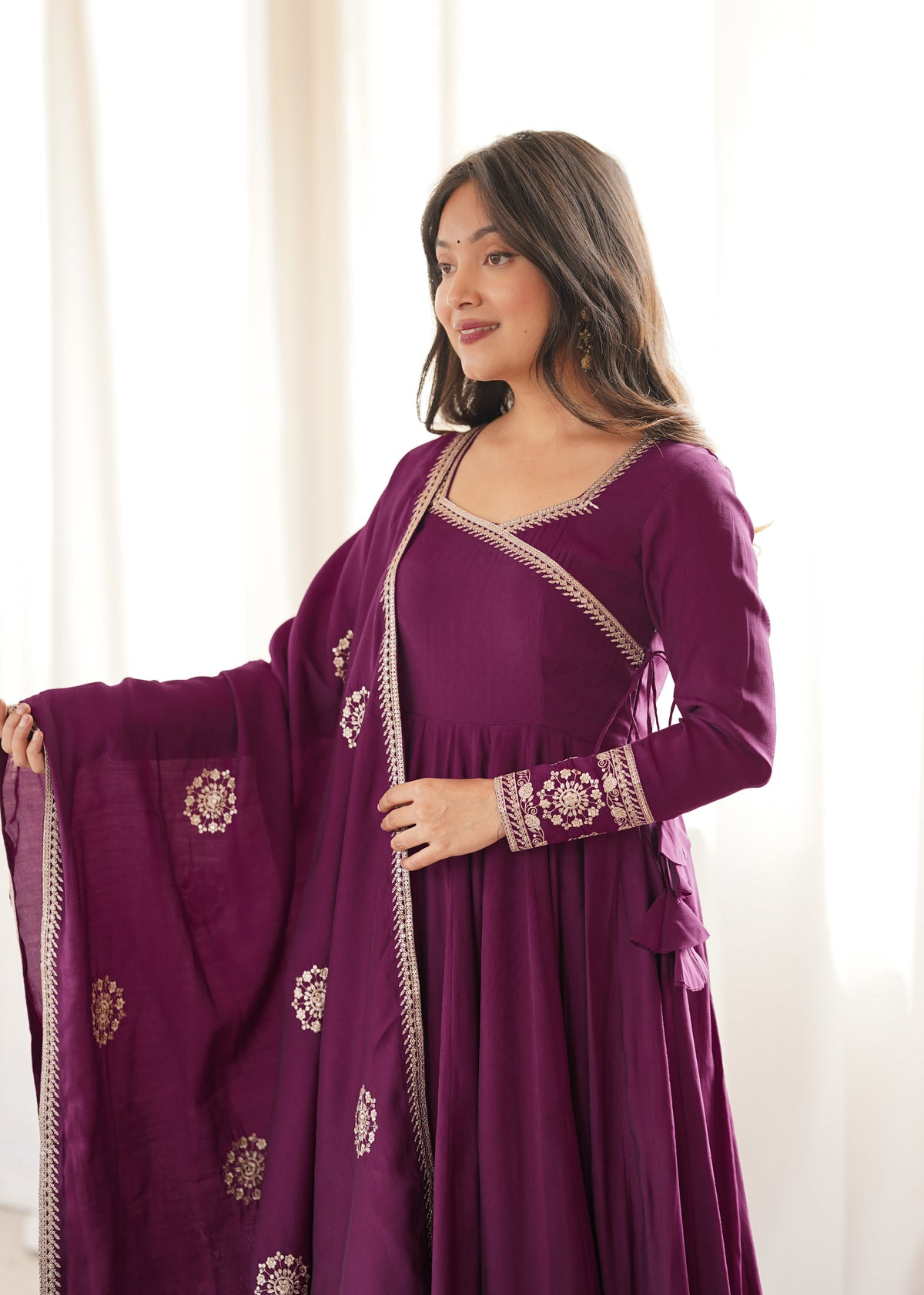 Wine Purple Pure Roman Chanderi Silk Anarkali Gown Set with Zari Embroidered Neckline & Matching Dupatta