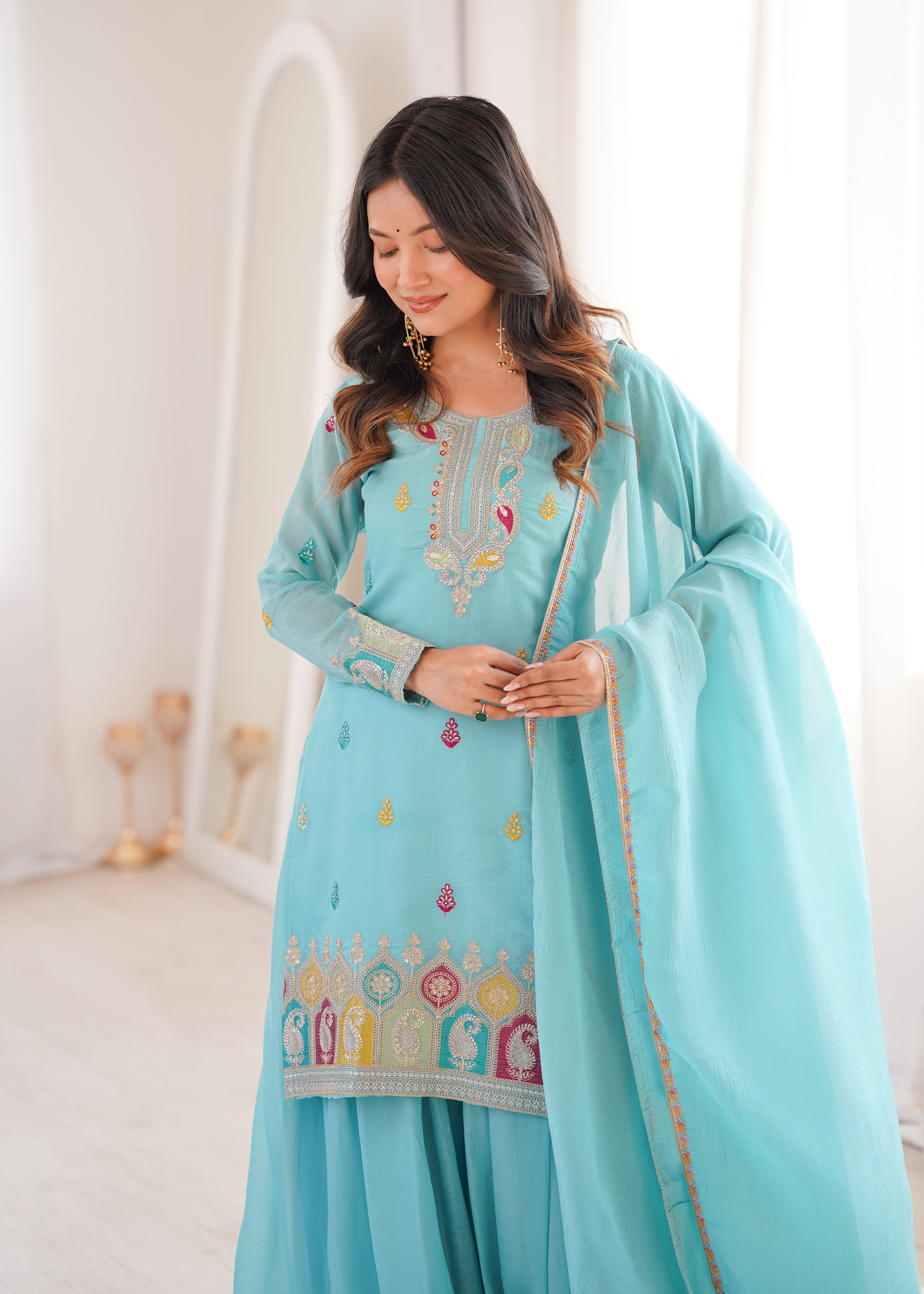 Sky Blue Pure Soft Silk Fancy Embroidery Sequence & Jari Work Sharara – Designer Festive Sharara Suit