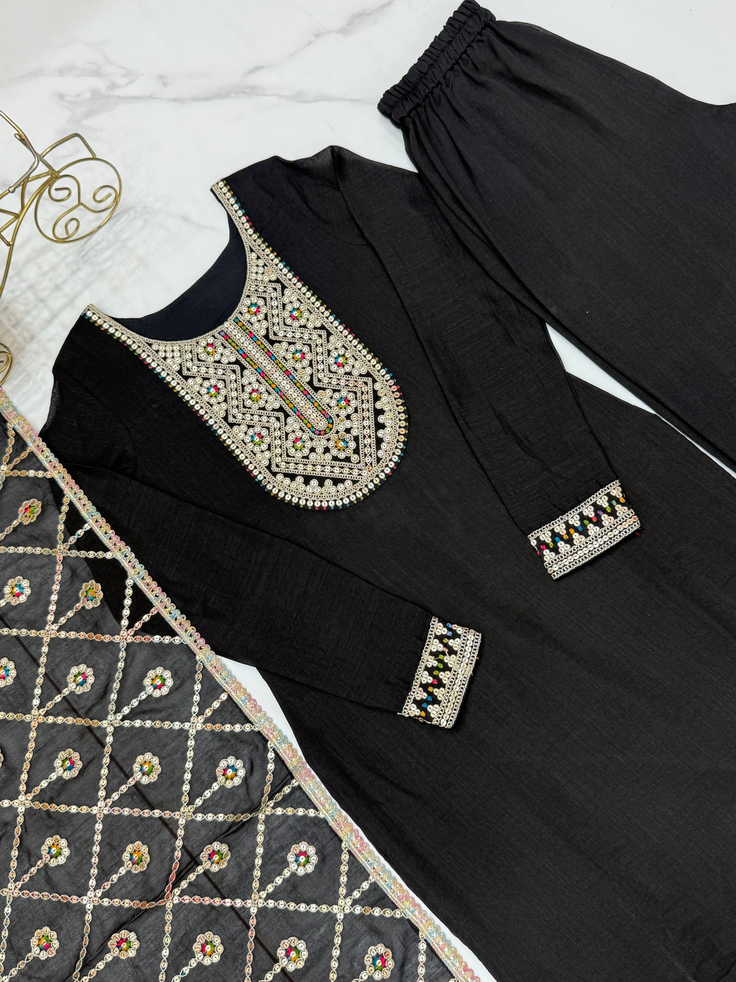 Black Pure Blooming Vichitra Silk Fabric With Beautiful Embroidery Sequence and Dori Salwar Suit