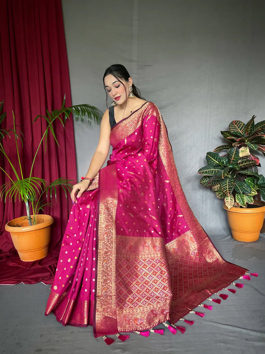 Soft Silk Multi Color Zari Woven Saree Dark Pink