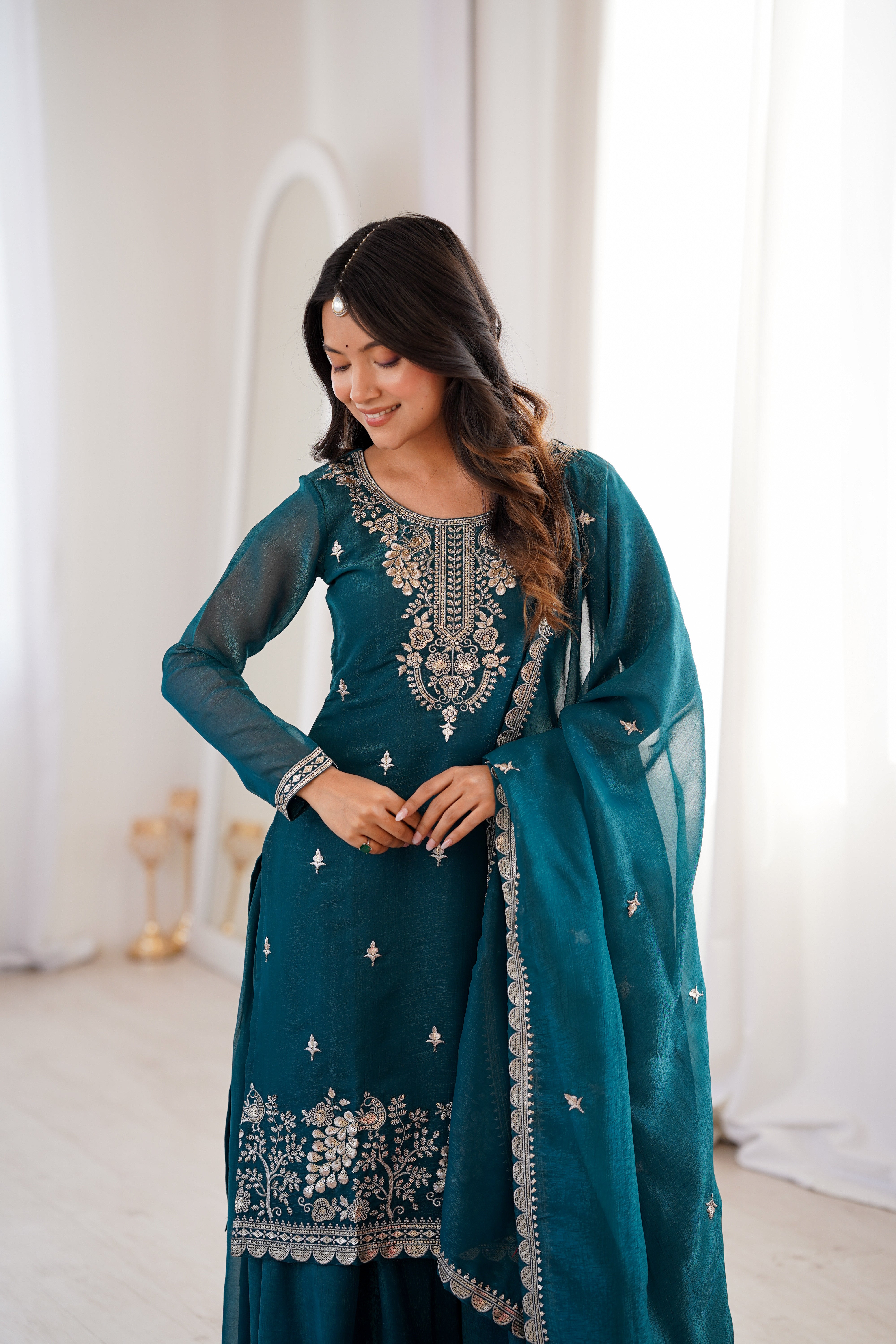Teal Blue Pure Soft Crunchy Silk Fancy Embroidery Sequence Work Sharara