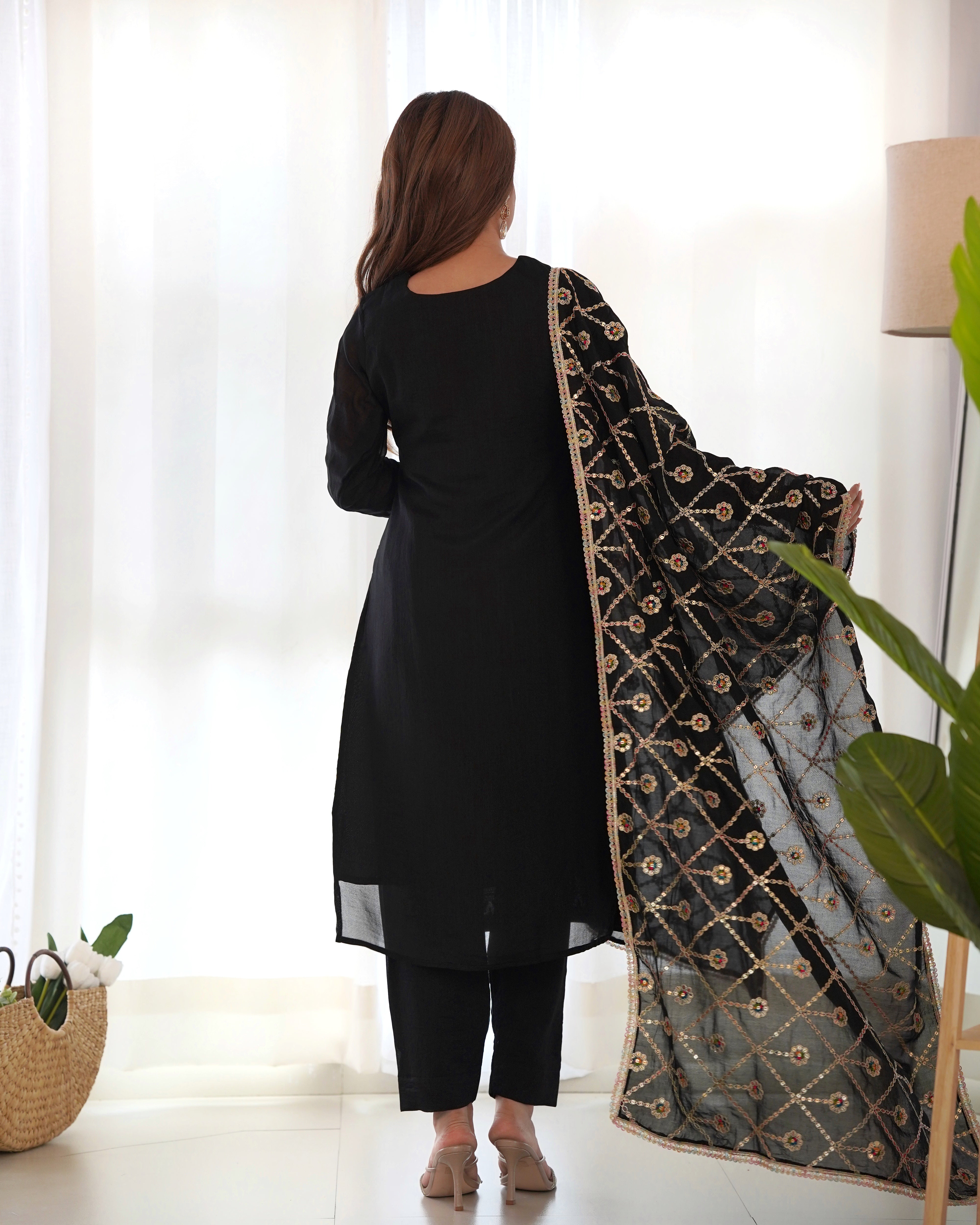 Black Pure Blooming Vichitra Silk Fabric With Beautiful Embroidery Sequence and Dori Salwar Suit