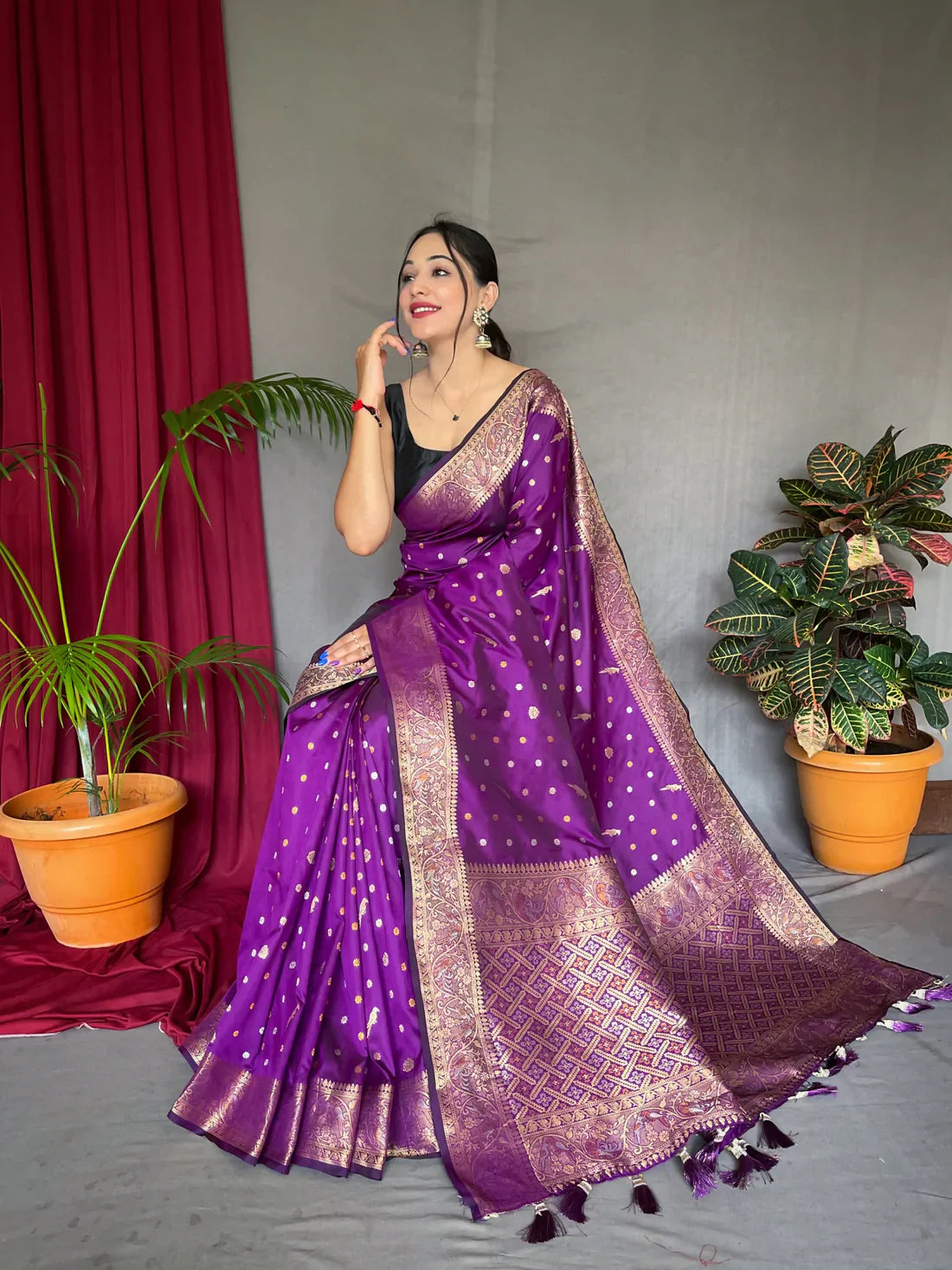 Soft Silk Multi Color Zari Woven Saree Warm Purple