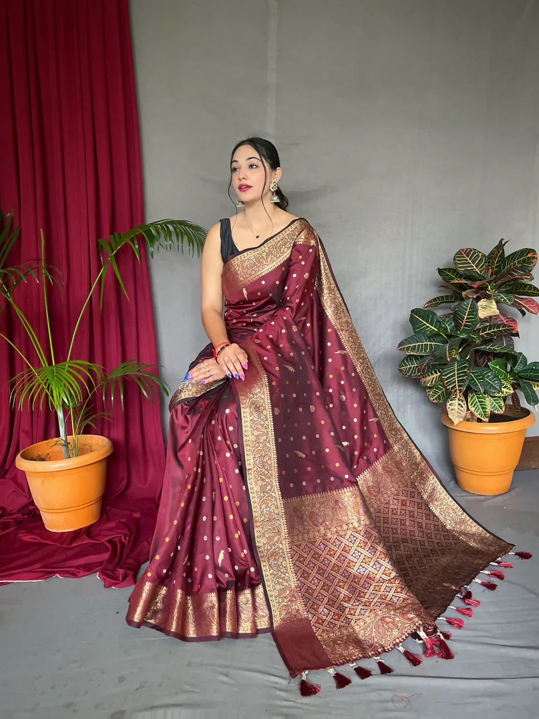 Soft Silk Multi Color Zari Woven Saree Sanguine Brown